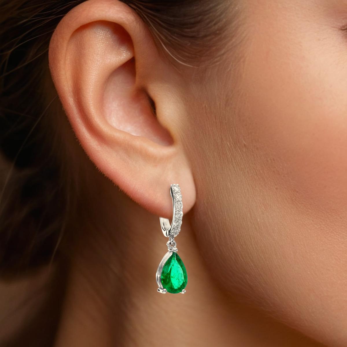 Women's GIA Certified 2.74 Carat Natural Colombian Emerald Diamond 18K W Gold Earrings For Sale
