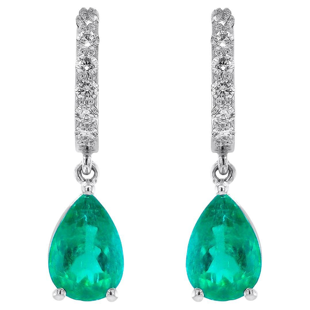 GIA Certified 2.74 Carat Natural Colombian Emerald Diamond 18K W Gold Earrings For Sale