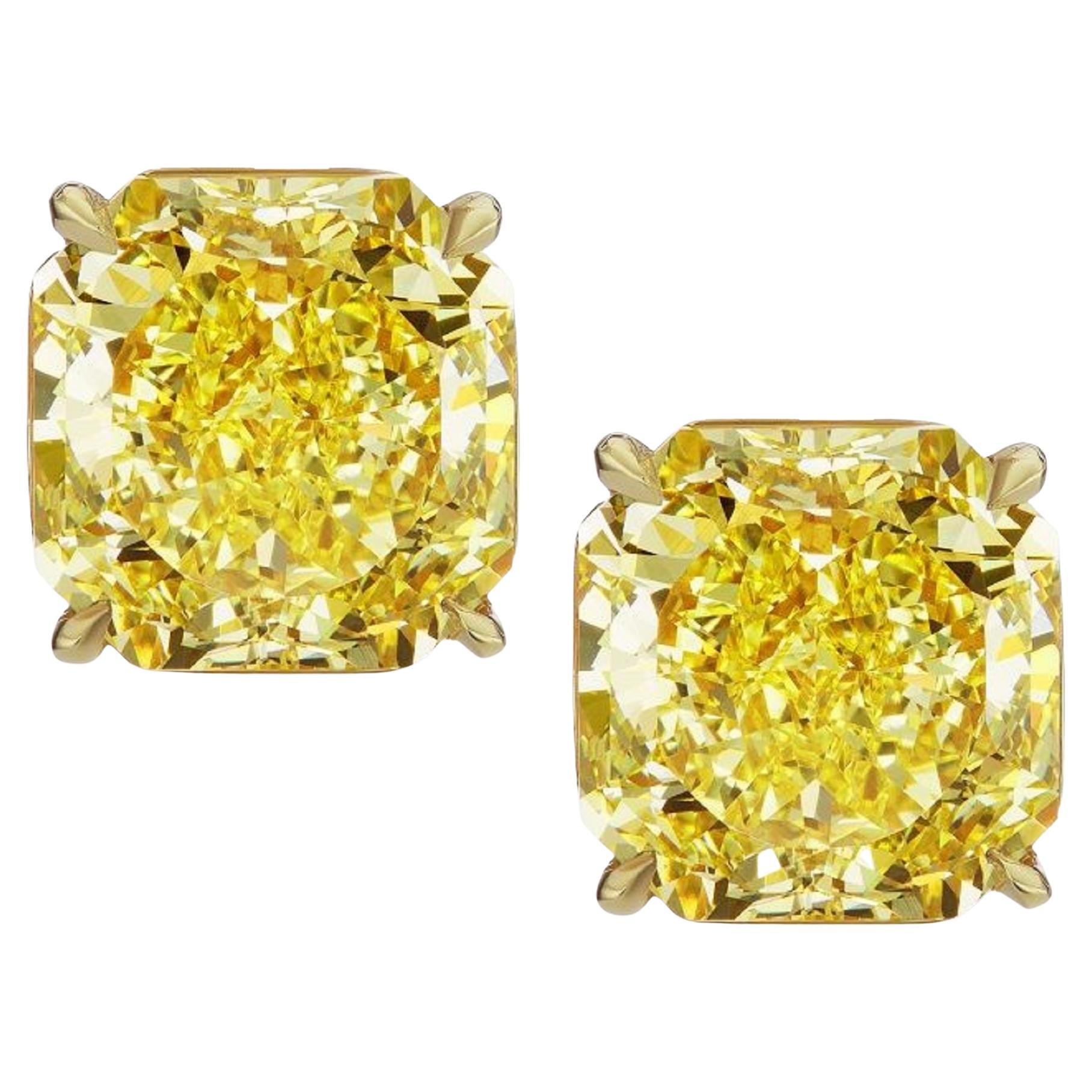 GIA Certified 2.74 Carat Square Radiant Cut Fancy Yellow Diamond Studs Gold For Sale