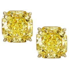 GIA Certified 2.74 Carat Square Radiant Cut Fancy Yellow Diamond Studs Gold