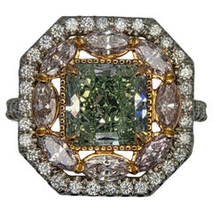 GIA Certified 2.75 Carat Fancy Yellow Green Diamond Ring with Pink Accents