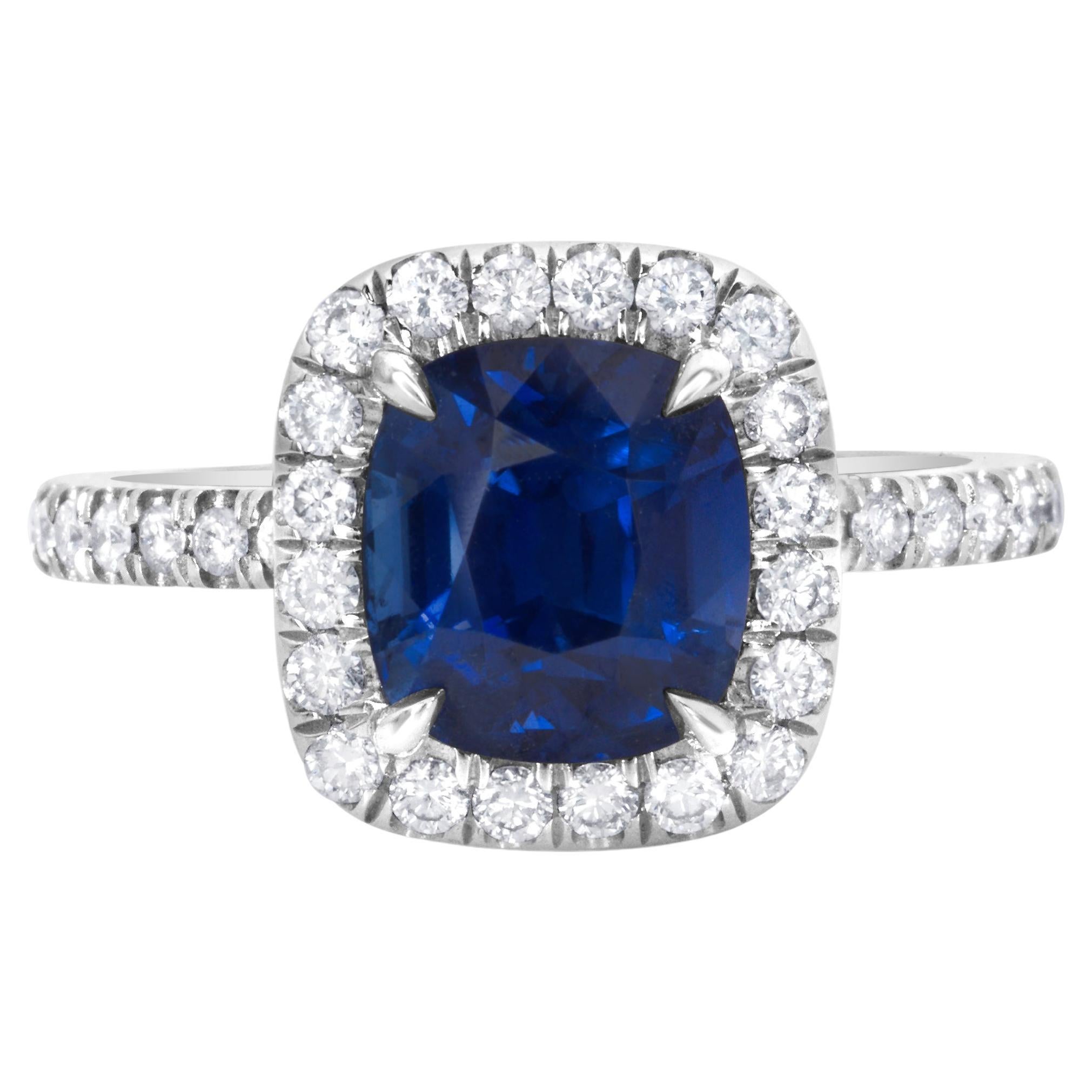 GIA Certified 2.75 Carats Cushion Cut Sapphire & Diamond Halo Engagement Ring