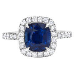GIA Certified 2.75 Carats Cushion Cut Sapphire & Diamond Halo Engagement Ring