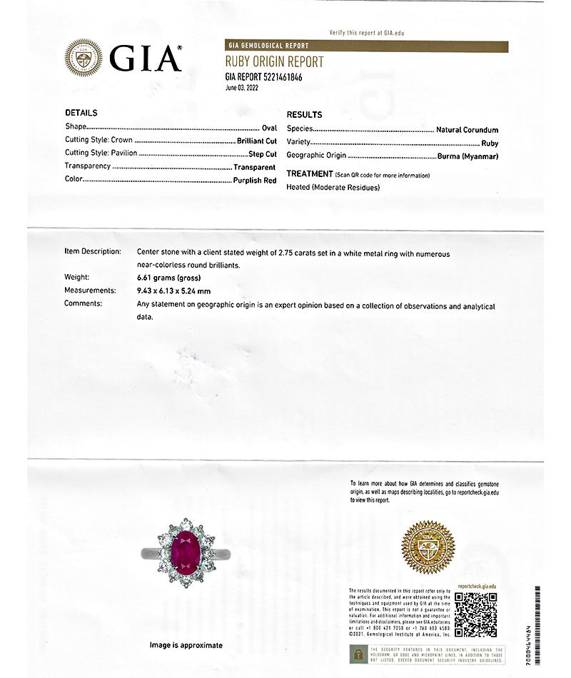 Women's GIA Certified 2.75ct Burma Ruby 1.00 Diamond Engagement Ring For Sale