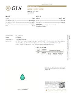 GIA Certified 2.75 Carat Pear Shape F2 Emerald