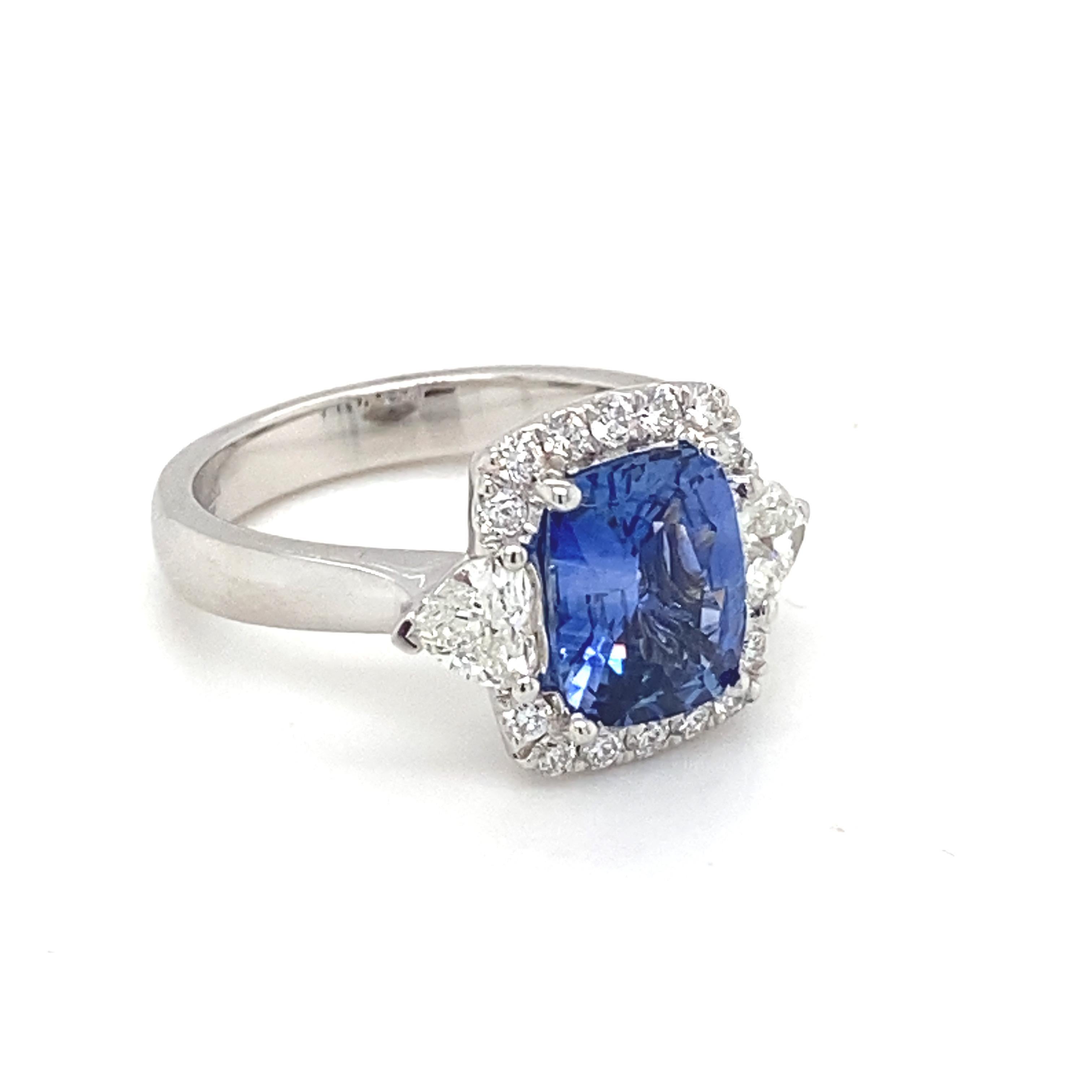 Cushion Cut GIA Certified 2.76 Carat Blue Sapphire Diamond White Gold Engagement Ring For Sale
