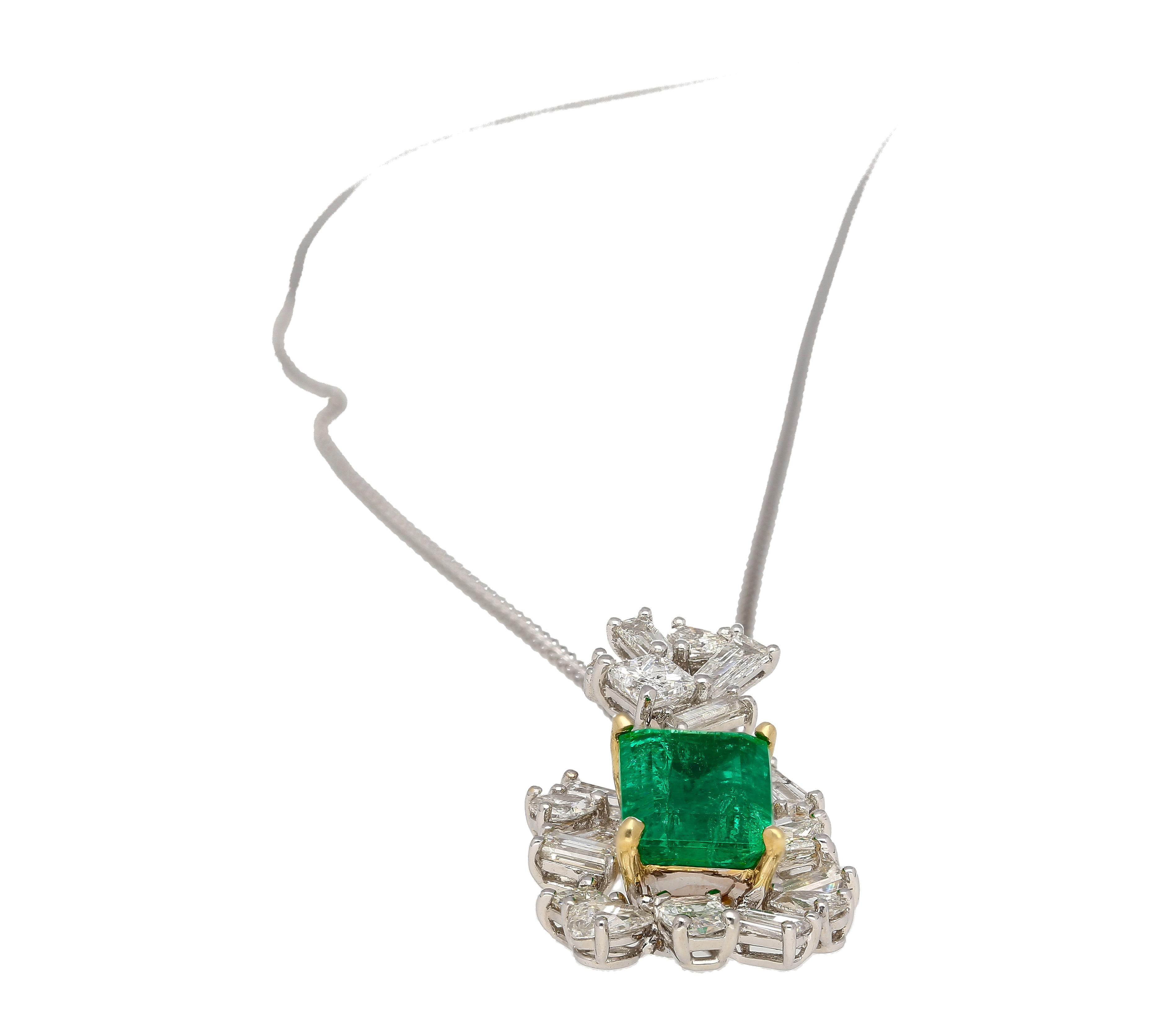 Emerald Cut GIA Certified 2.76 Carat Minor Oil Muzo Colombian Emerald & Diamond Pendant  For Sale