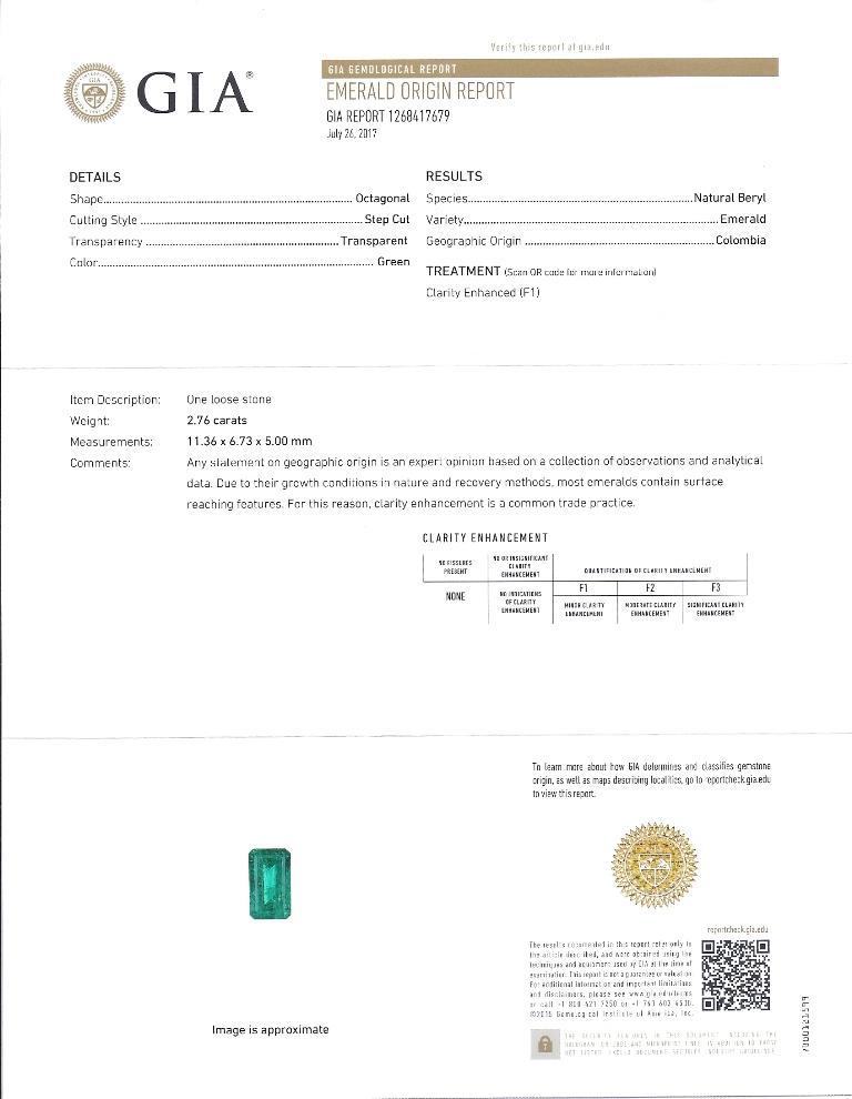 Pendentif Emeraude colombienne et diamant certifié GIA de 2,76 carats, huile mineure Muzo  en vente 4