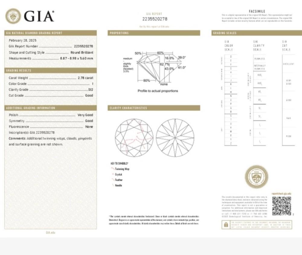 GIA Certified 2.78ct Round Natural Brilliant Cut Loose Diamond I, SI2 en venta 2