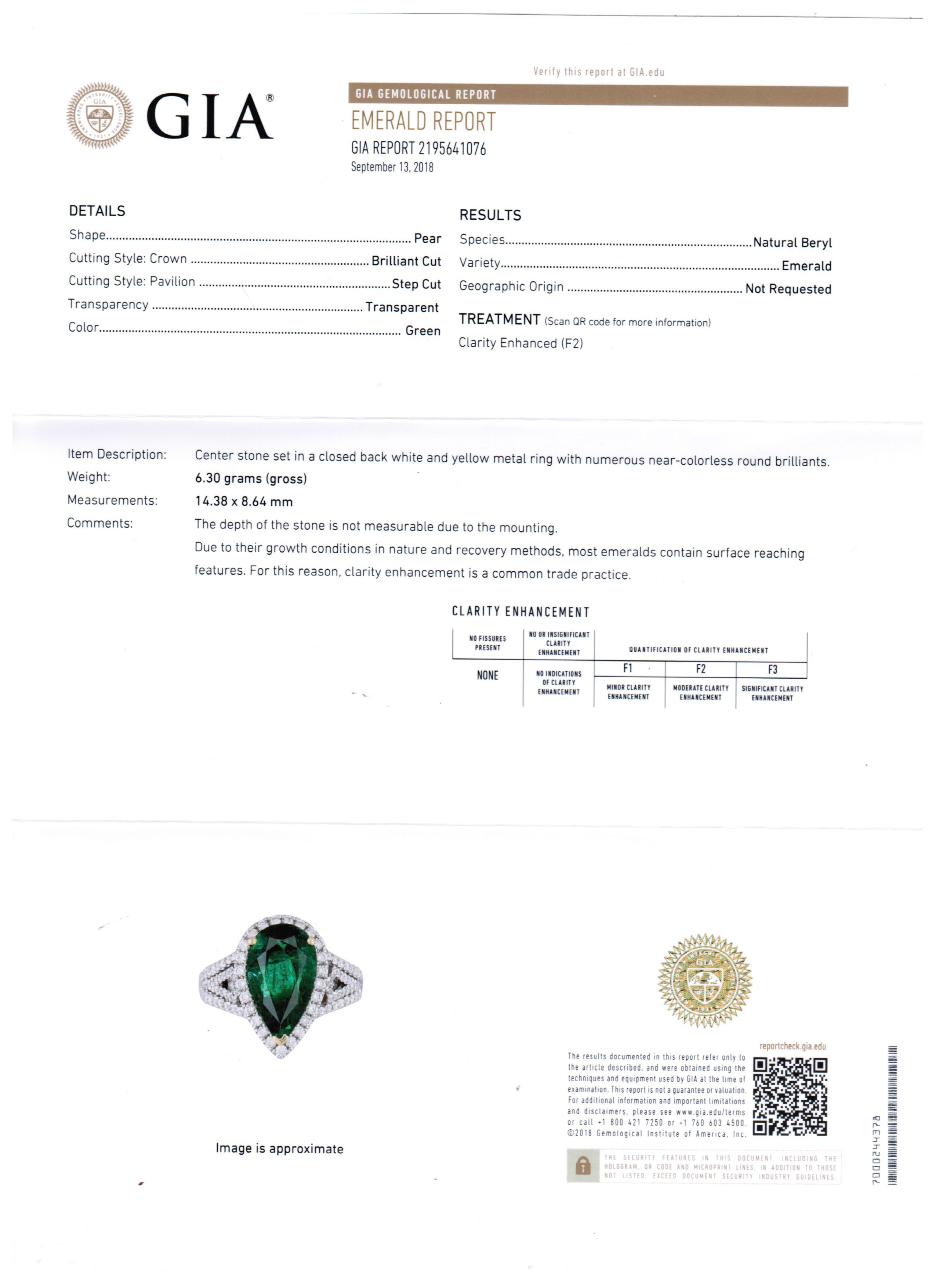 GIA Certified 2.79 Carat Emerald Pear Diamond Halo Two-Color Gold Ring 3