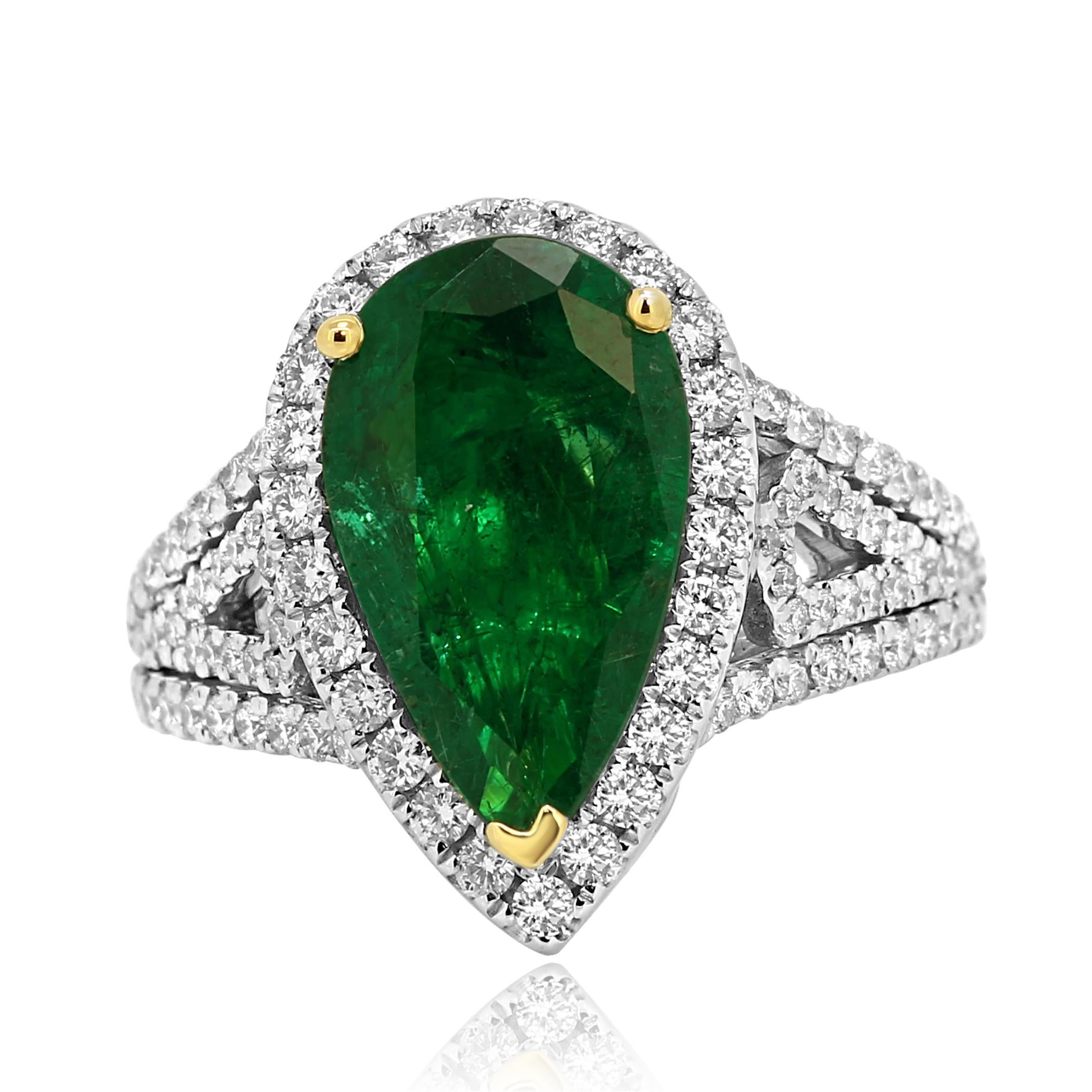Stunning GIA Certified  2.79 Carat Emerald Pear Shape Encircled in a Halo of White Round Diamond 0.75 Carat in Gorgeous 14K White and Yellow Gold Bridal as Well as Cocktail Ring.

Style available in different price ranges. Prices are based on your