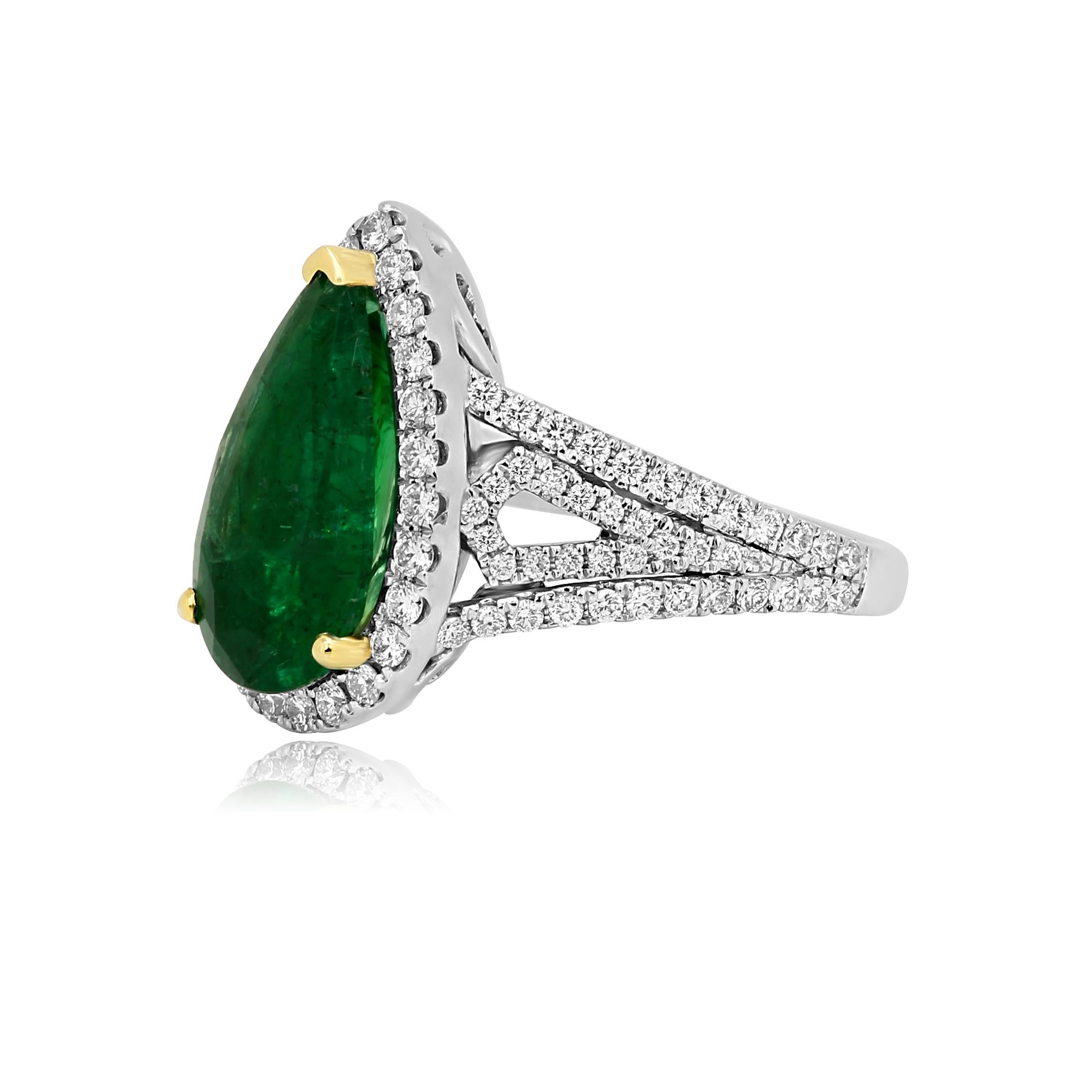 Contemporary GIA Certified 2.79 Carat Emerald Pear Diamond Halo Two-Color Gold Ring