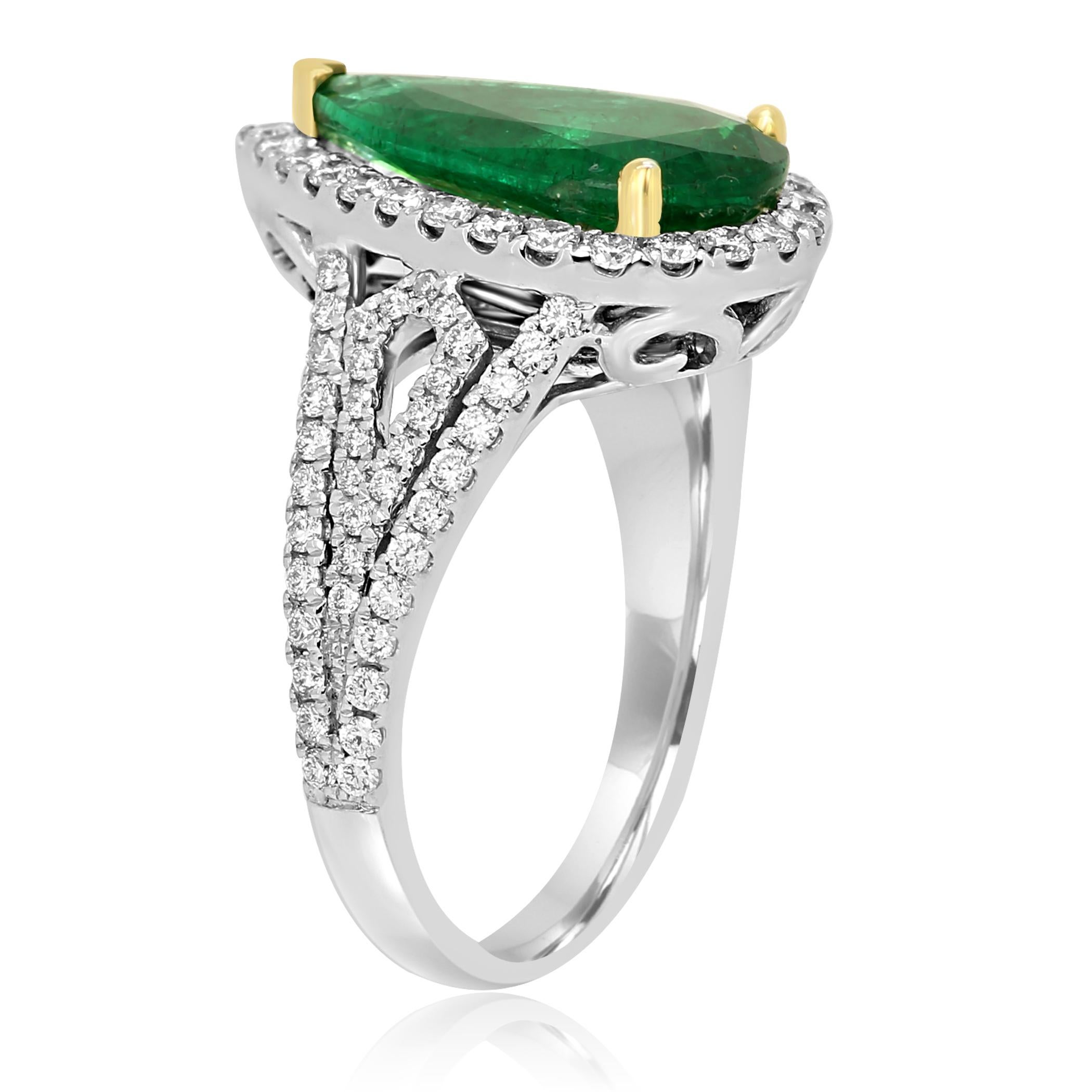 Pear Cut GIA Certified 2.79 Carat Emerald Pear Diamond Halo Two-Color Gold Ring