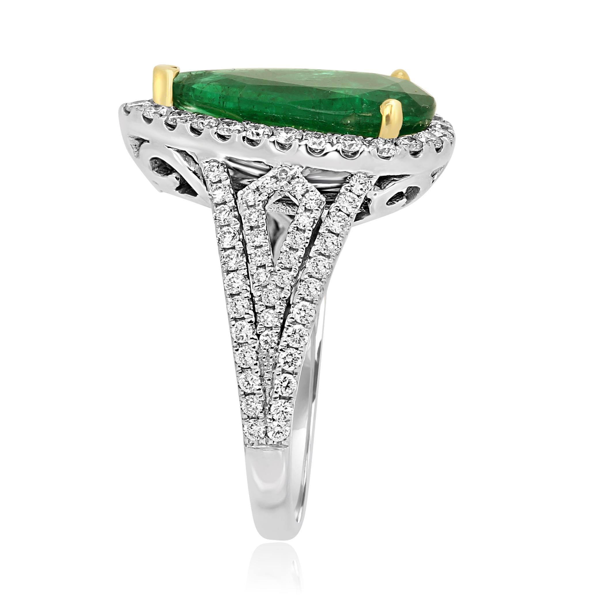 GIA Certified 2.79 Carat Emerald Pear Diamond Halo Two-Color Gold Ring In New Condition In NEW YORK, NY