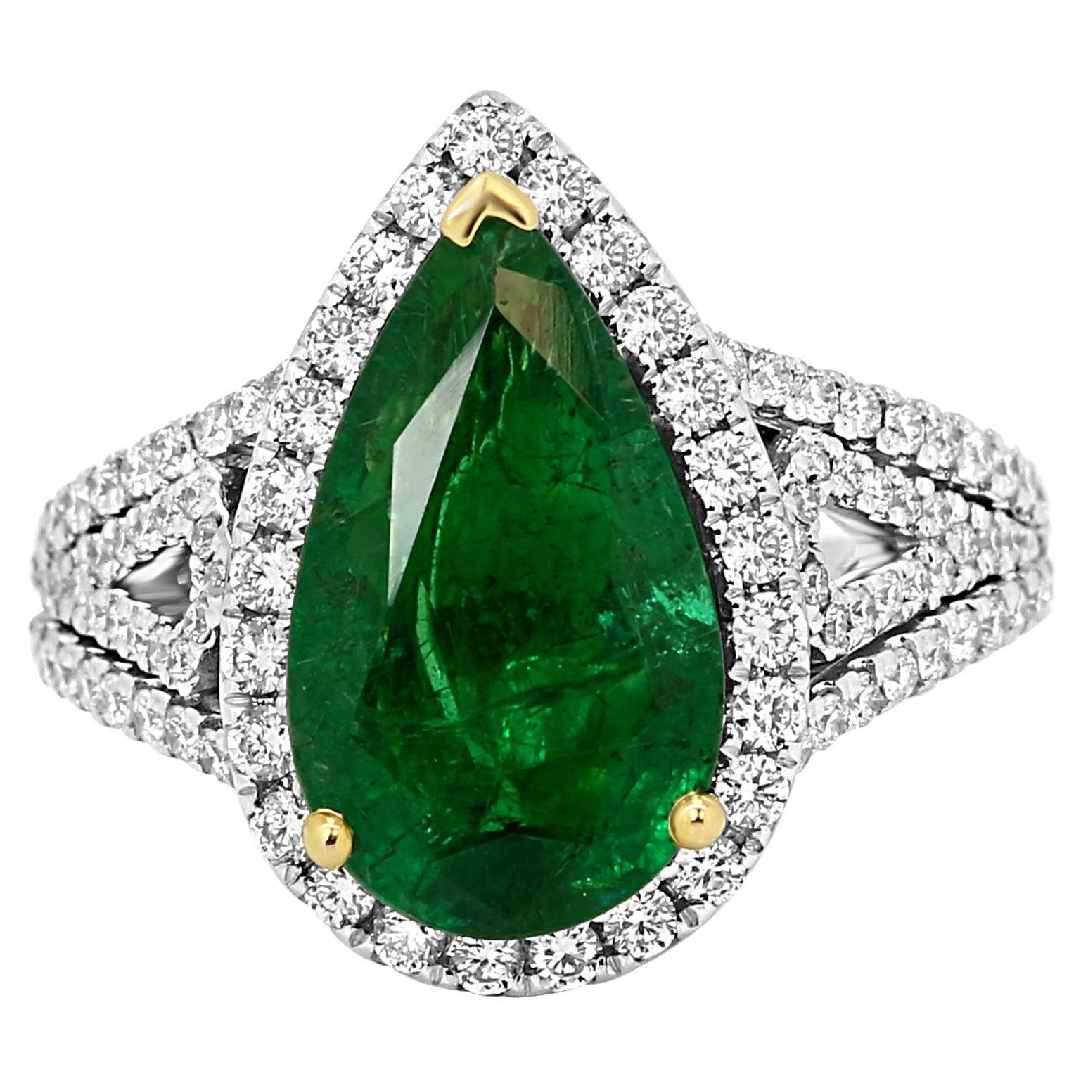 GIA Certified 2.79 Carat Emerald Pear Diamond Halo Two-Color Gold Ring