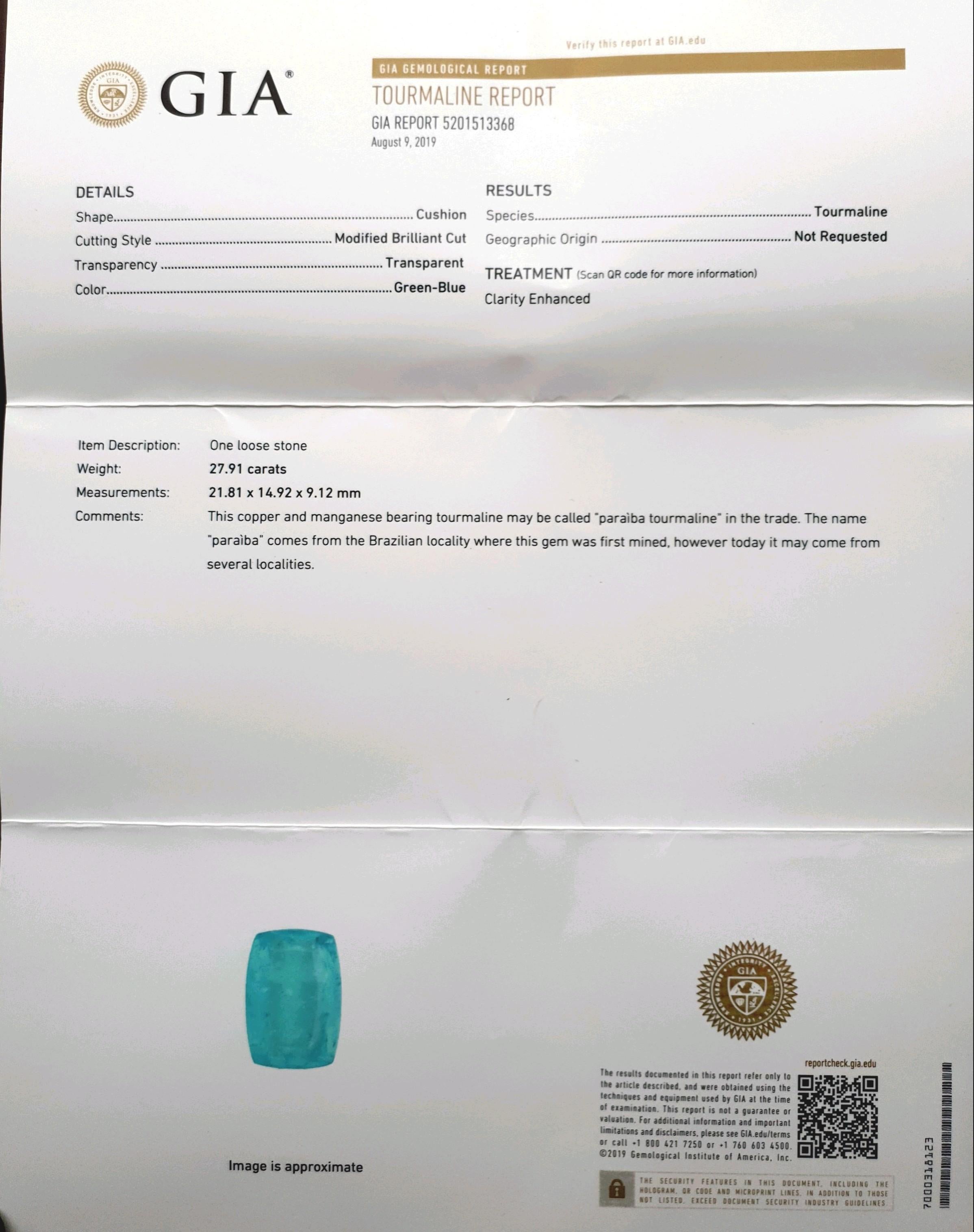 GIA Certified 27.9 Carat Paraiba Tourmaline Diamond 18K White Gold Cocktail Ring For Sale 2