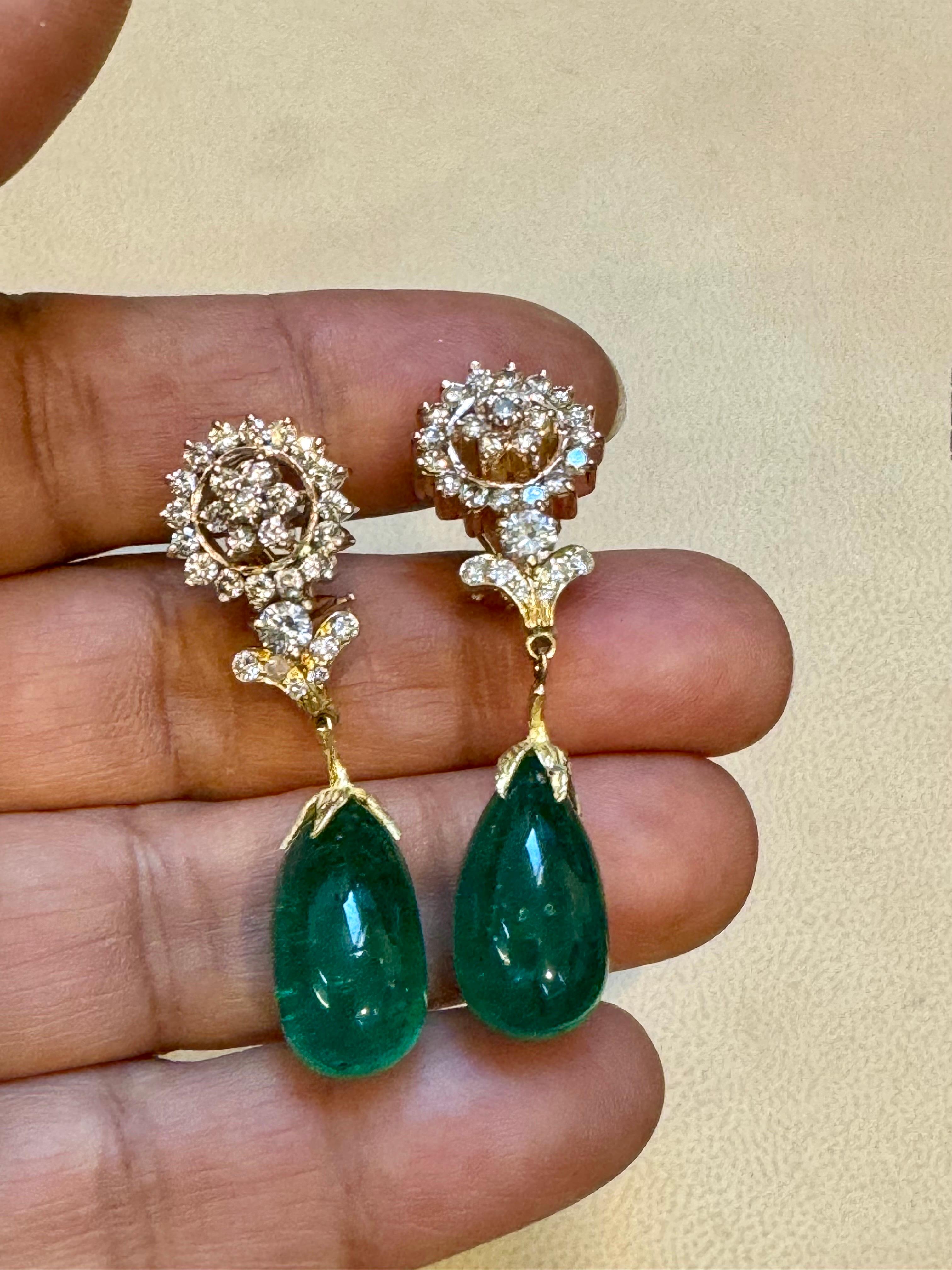 GIA Certified 28 Ct Emerald  Cabochon & Diamond Drops Hanging Earrings 14 KYG For Sale 7