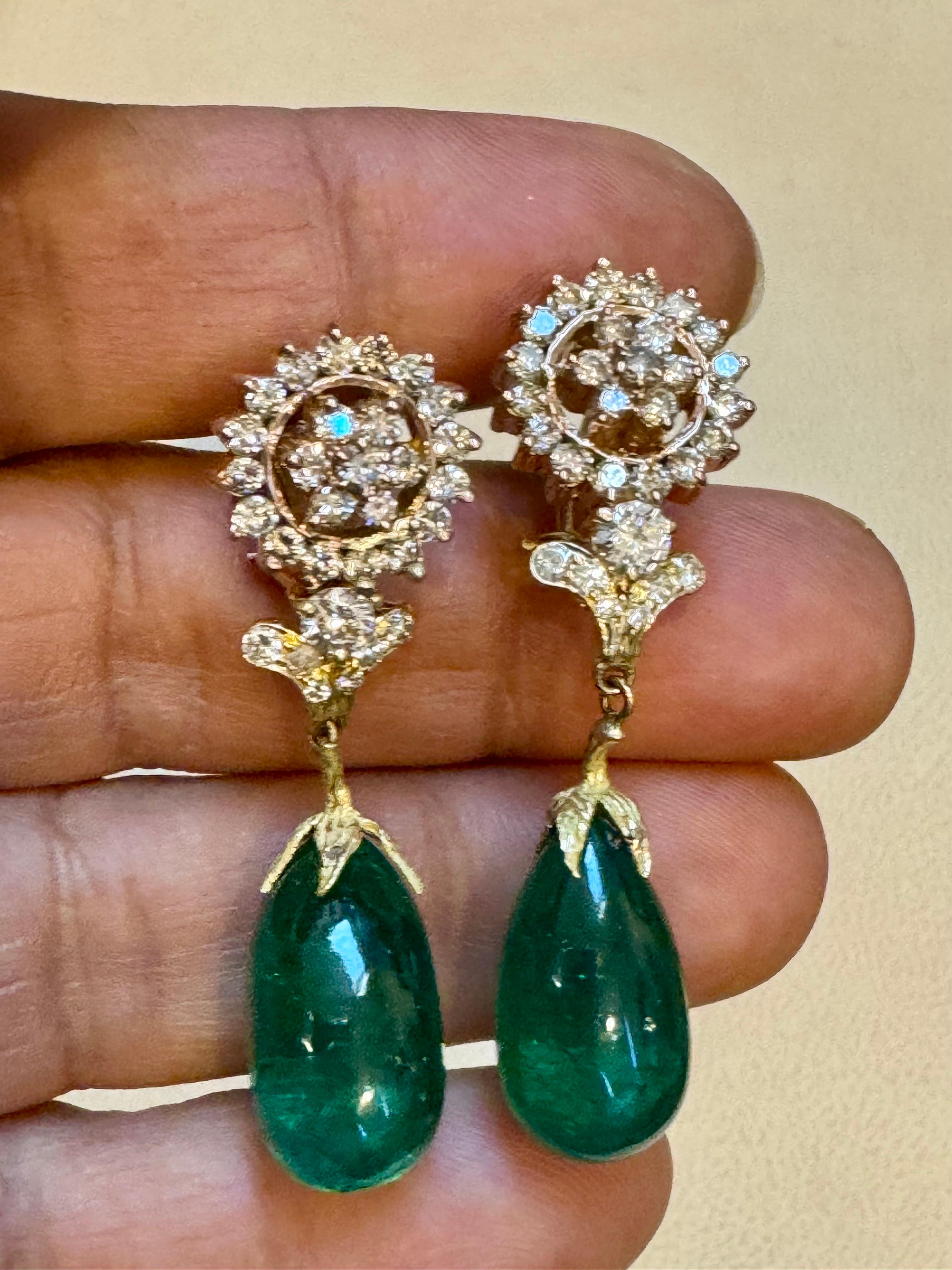 GIA Certified 28 Ct Emerald  Cabochon & Diamond Drops Hanging Earrings 14 KYG For Sale 8