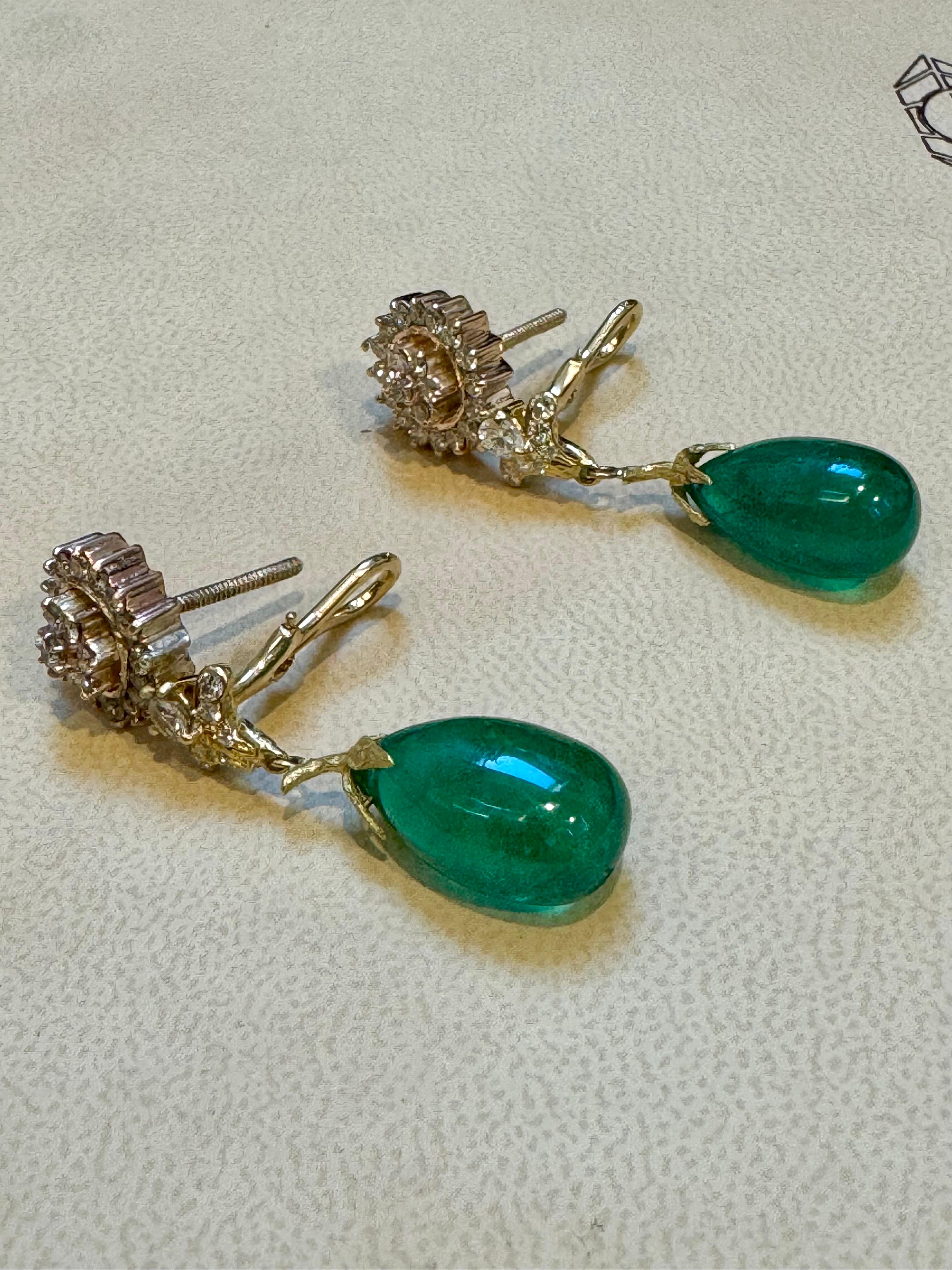 GIA Certified 28 Ct Emerald  Cabochon & Diamond Drops Hanging Earrings 14 KYG For Sale 9