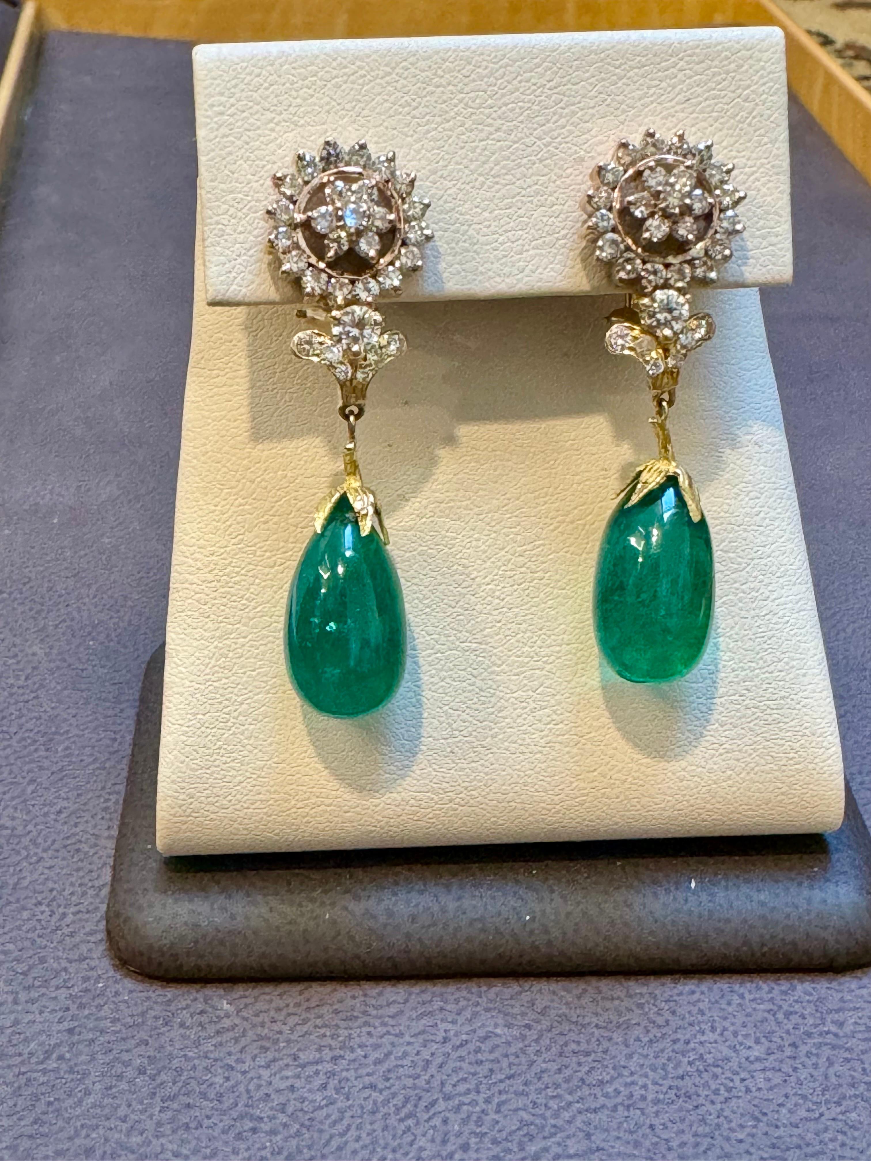 GIA Certified 28 Ct Emerald  Cabochon & Diamond Drops Hanging Earrings 14 KYG For Sale 12