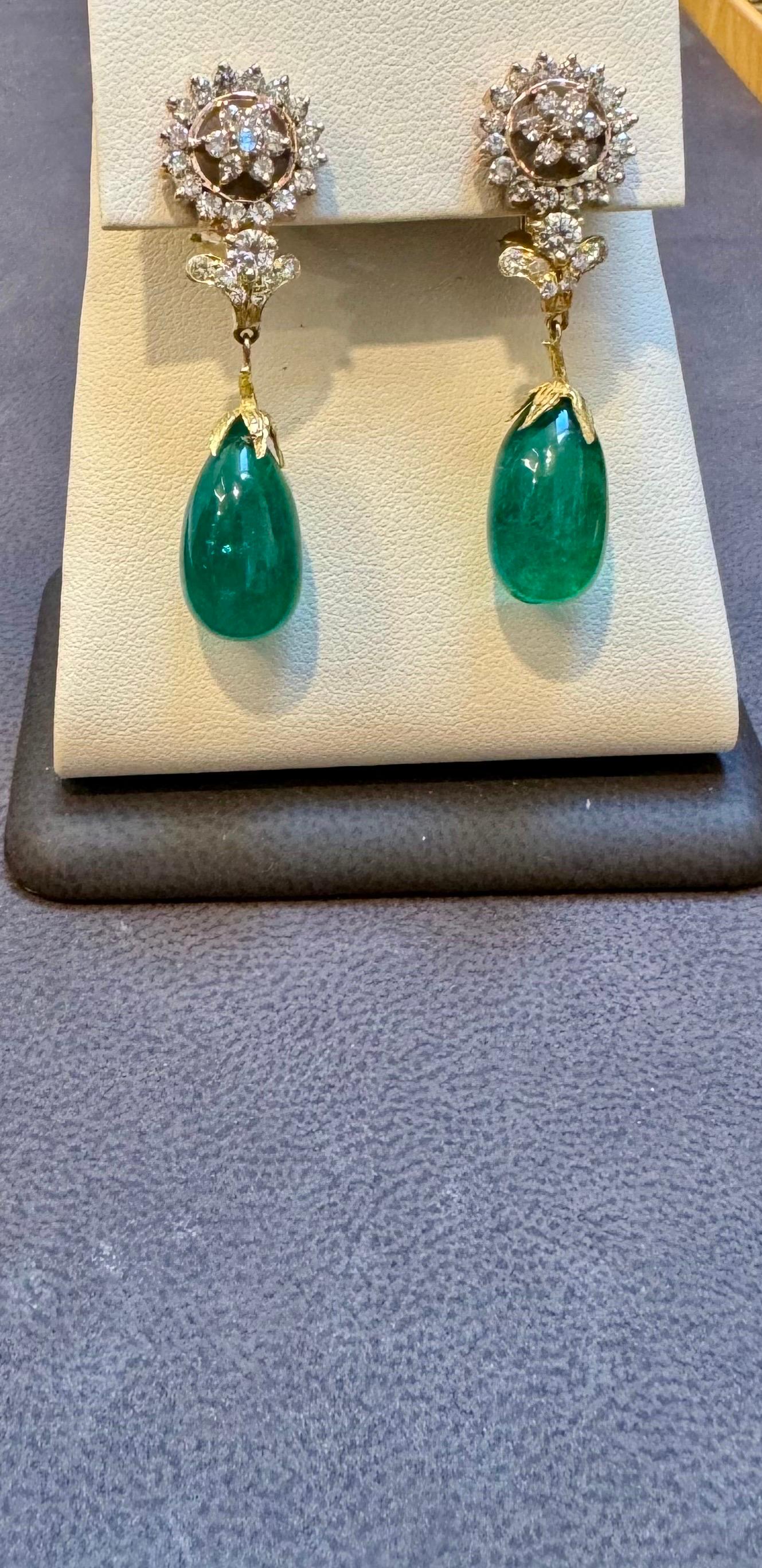 GIA Certified 28 Ct Emerald  Cabochon & Diamond Drops Hanging Earrings 14 KYG For Sale 13