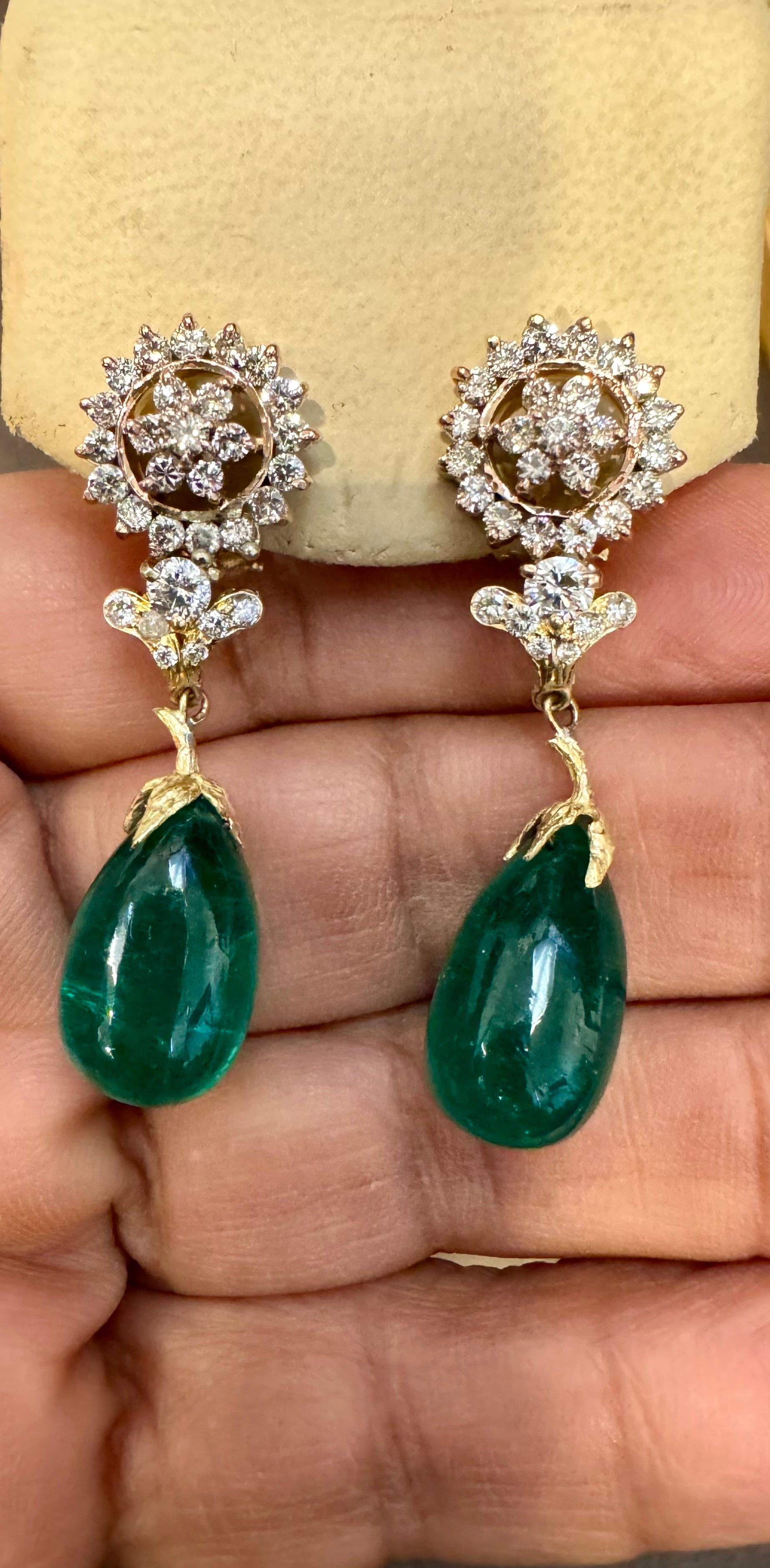 GIA Certified 28 Ct Emerald  Cabochon & Diamond Drops Hanging Earrings 14 KYG For Sale 14