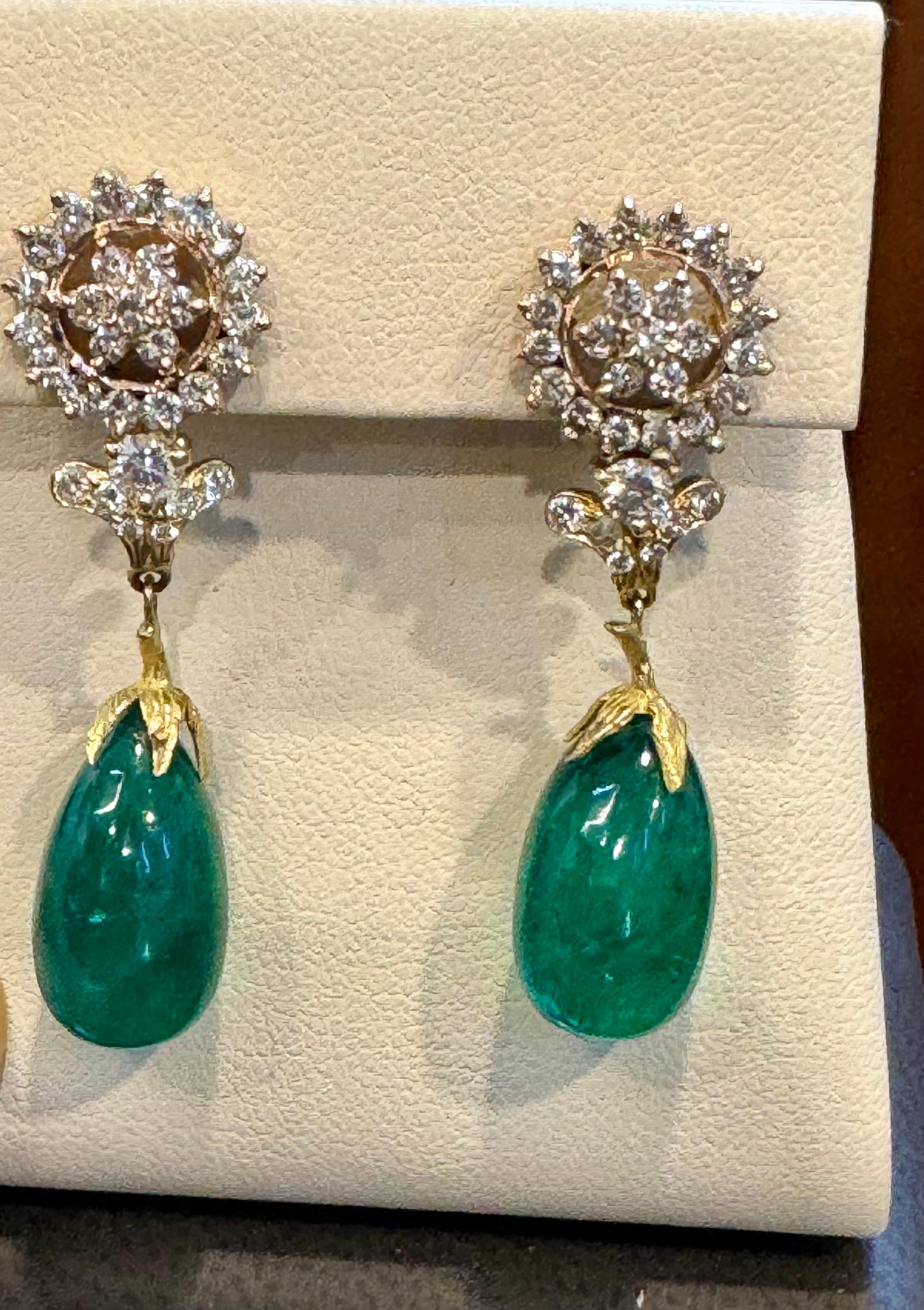 Emerald Cut GIA Certified 28 Ct Emerald  Cabochon & Diamond Drops Hanging Earrings 14 KYG For Sale