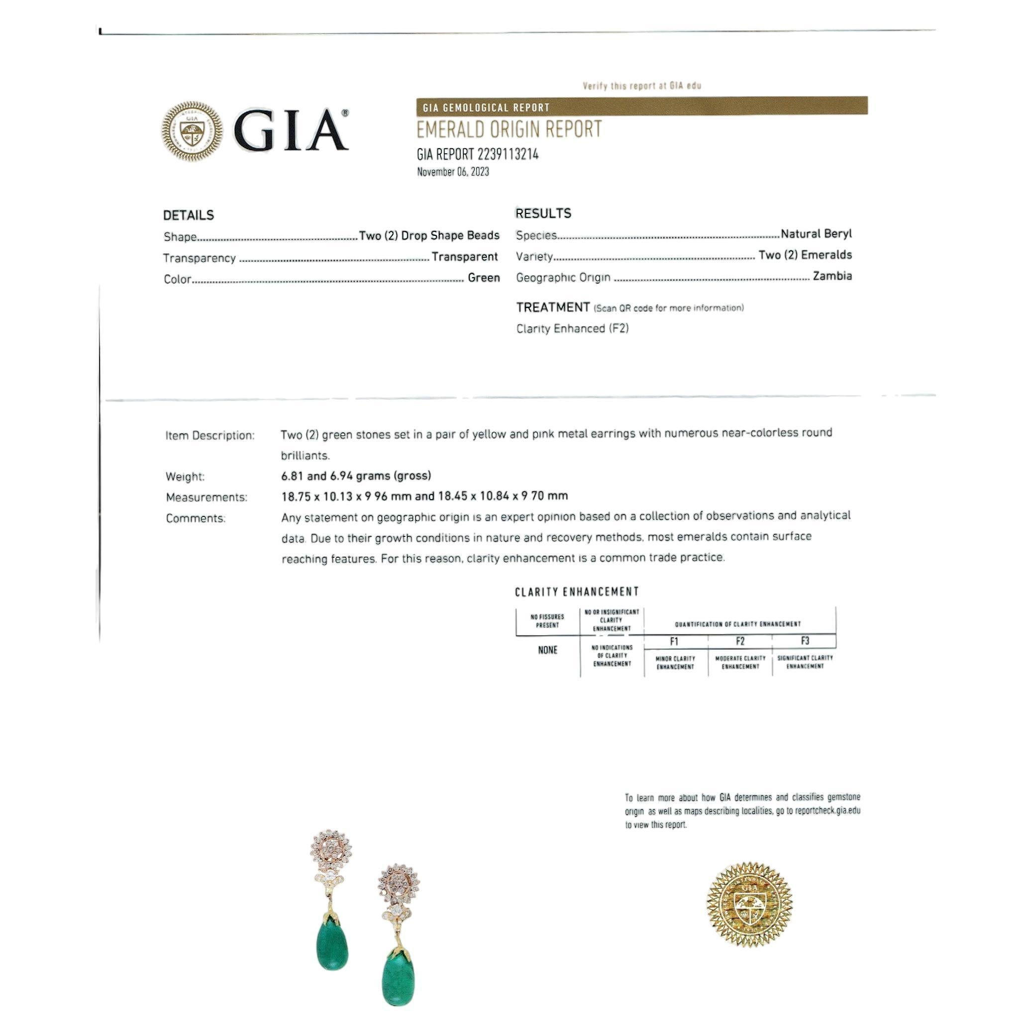 GIA Certified 28 Ct Emerald  Cabochon & Diamond Drops Hanging Earrings 14 KYG In Excellent Condition For Sale In New York, NY