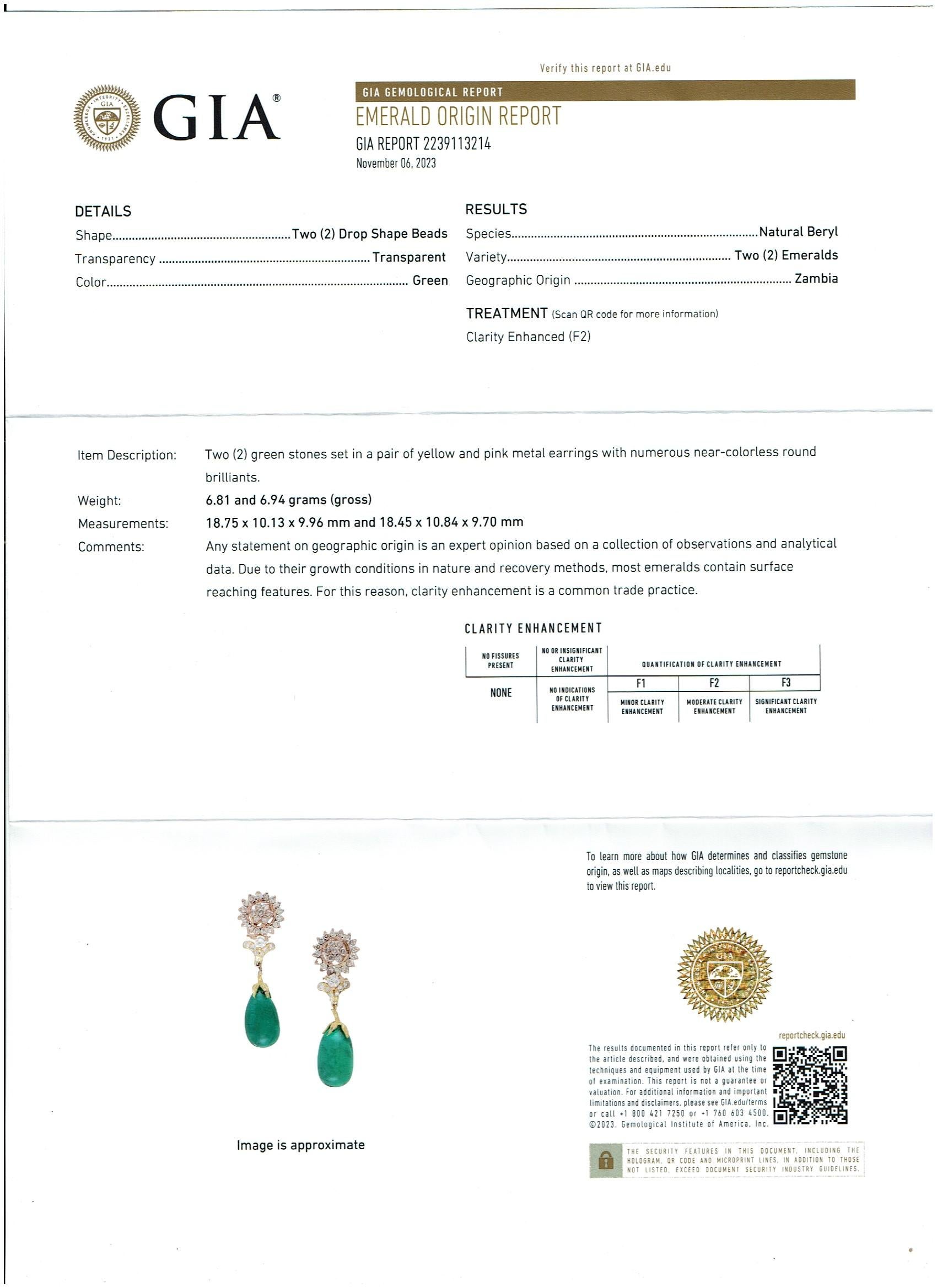 Women's GIA Certified 28 Ct Emerald  Cabochon & Diamond Drops Hanging Earrings 14 KYG For Sale