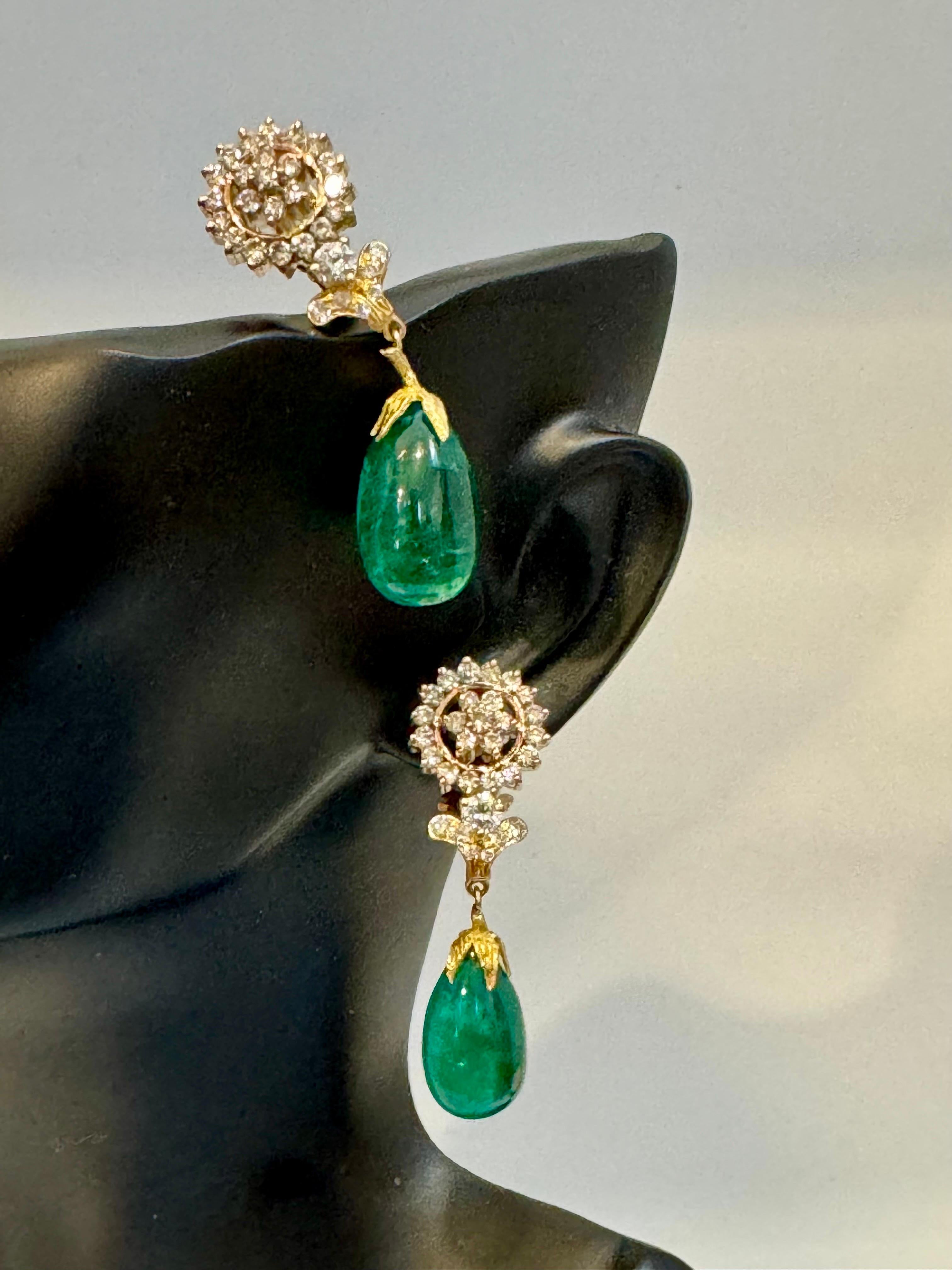 GIA Certified 28 Ct Emerald  Cabochon & Diamond Drops Hanging Earrings 14 KYG For Sale 1