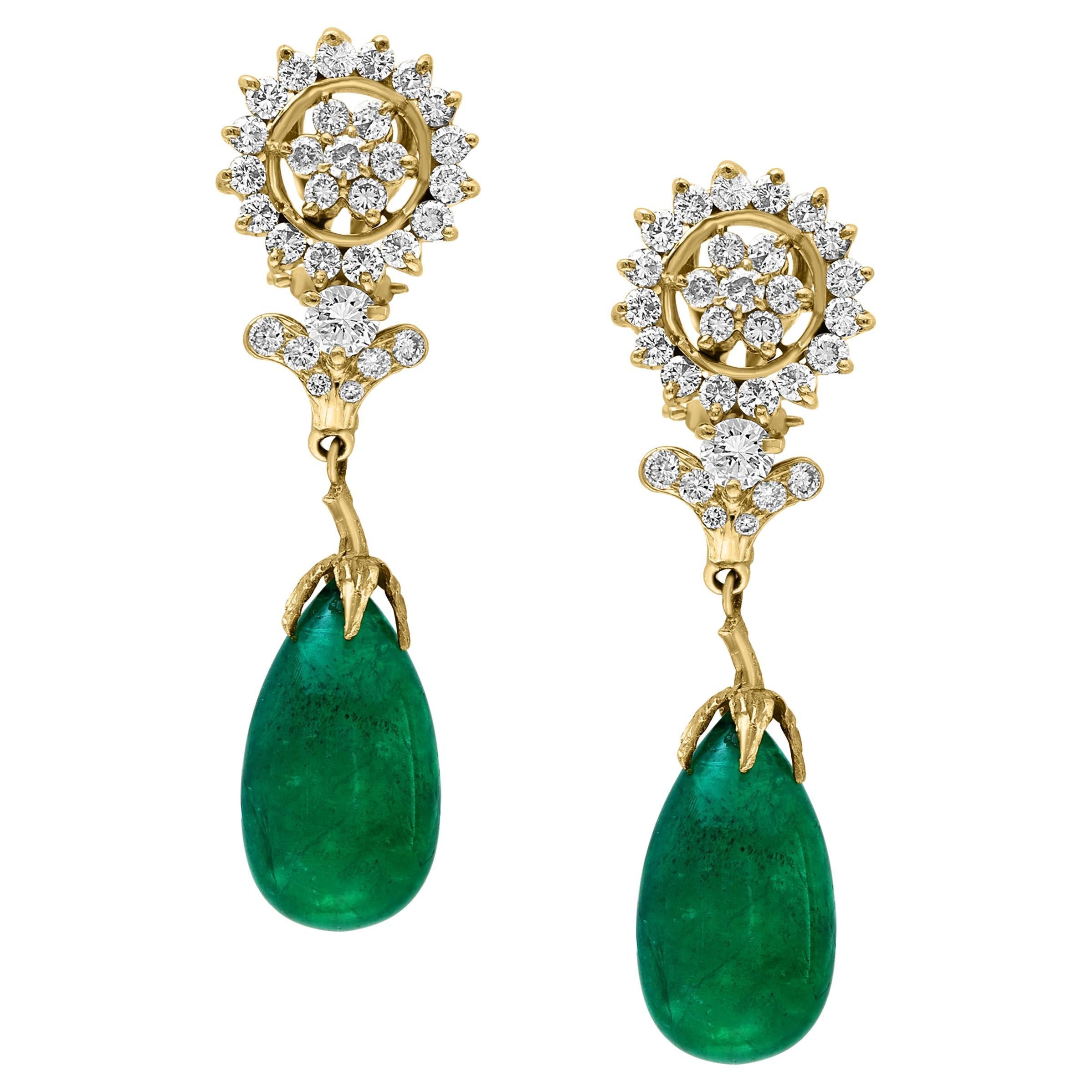 GIA Certified 28 Ct Emerald  Cabochon & Diamond Drops Hanging Earrings 14 KYG For Sale