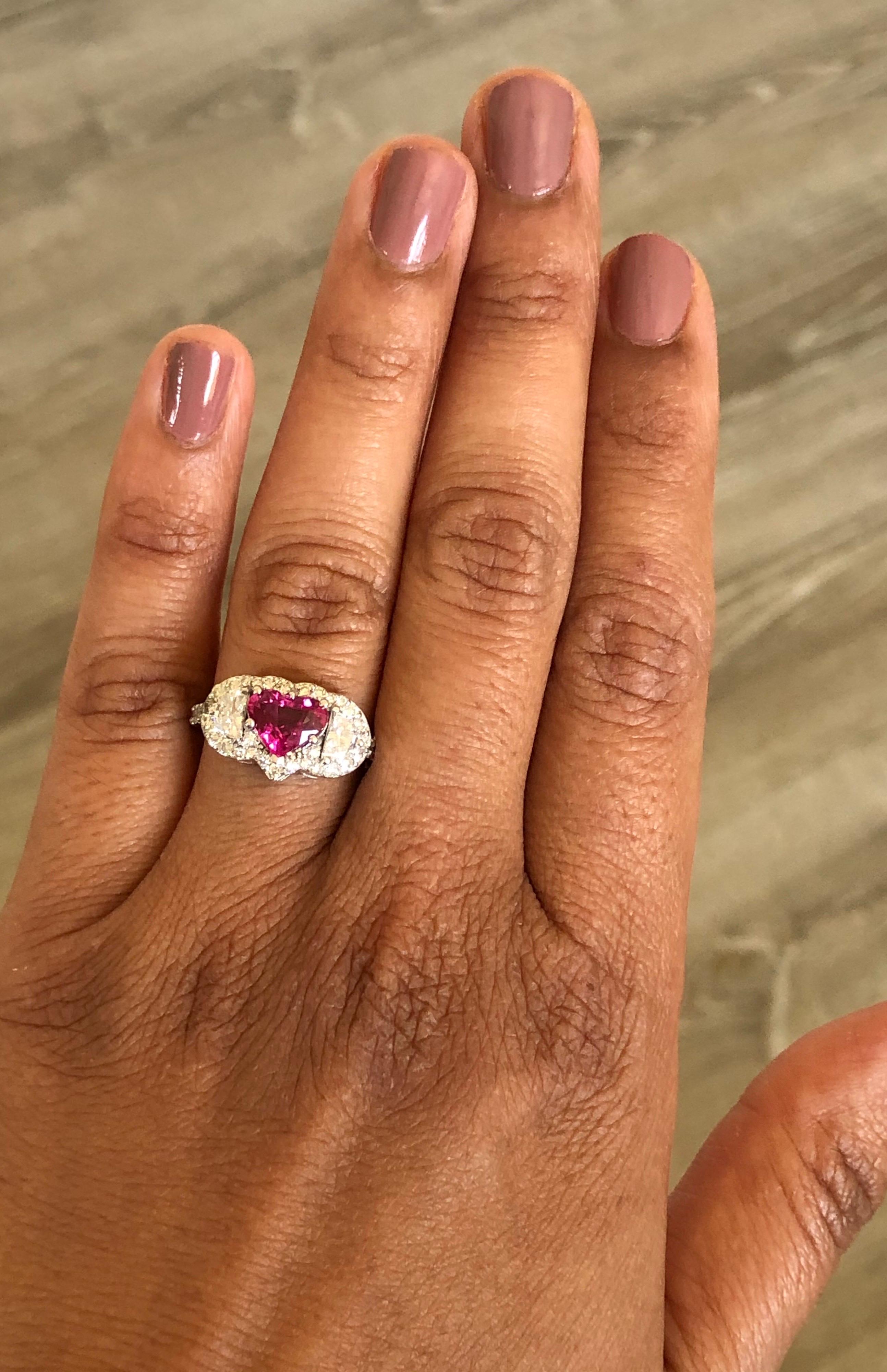 GIA Certified 2.80 Carat Heart Cut Ruby Diamond 18 Karat White Gold Ring For Sale 2