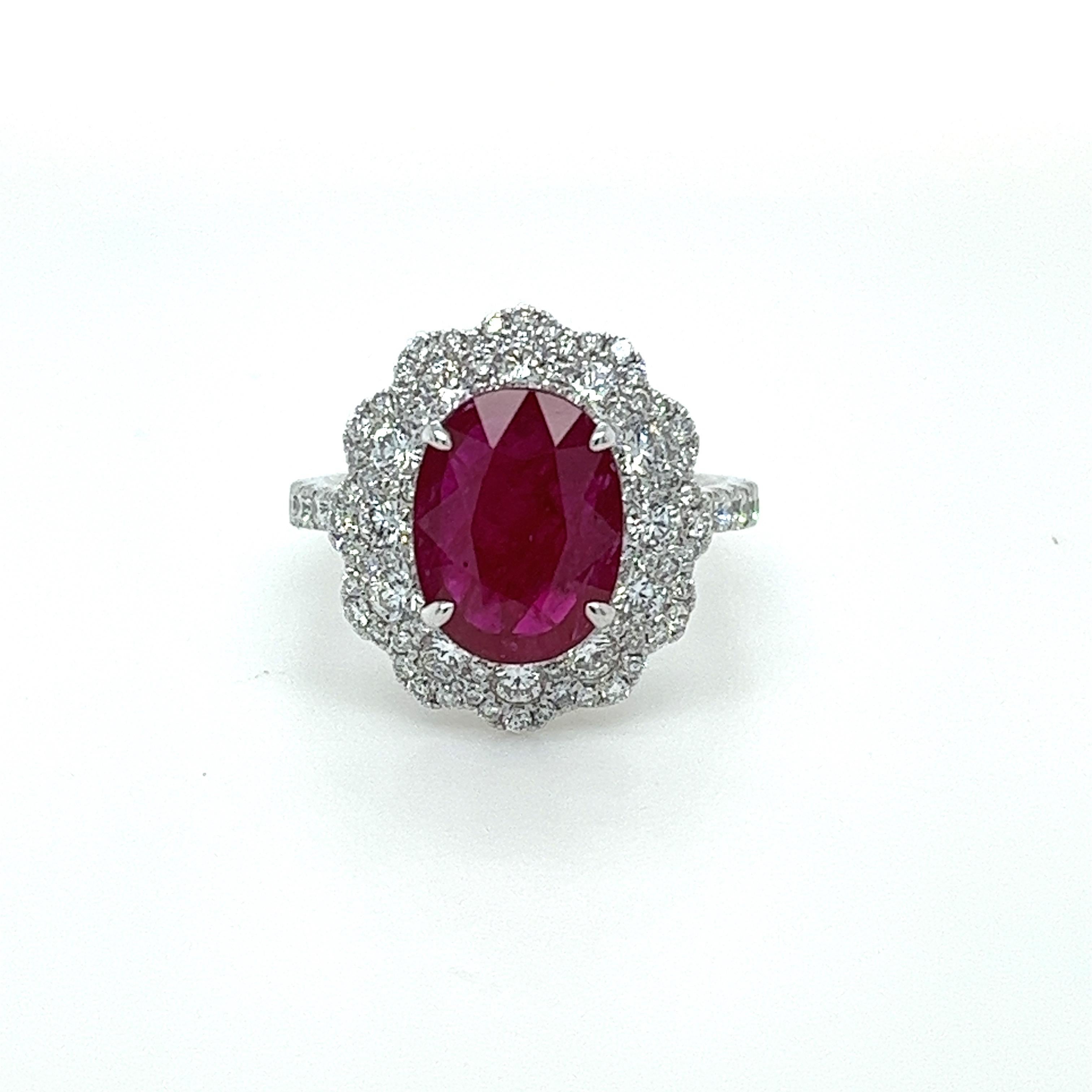 Oval Cut GIA Certified 2.81 Carat Oval Ruby & Diamond Ring in 18 Karat White Gold For Sale