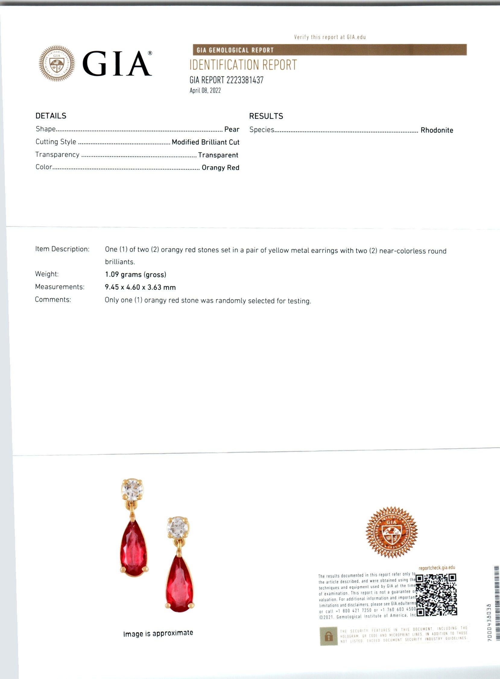 GIA-zertifizierte Gelbgold-Ohrringe mit 2,71 Karat Rhodonit und Diamant im Zustand „Gut“ im Angebot in Stamford, CT