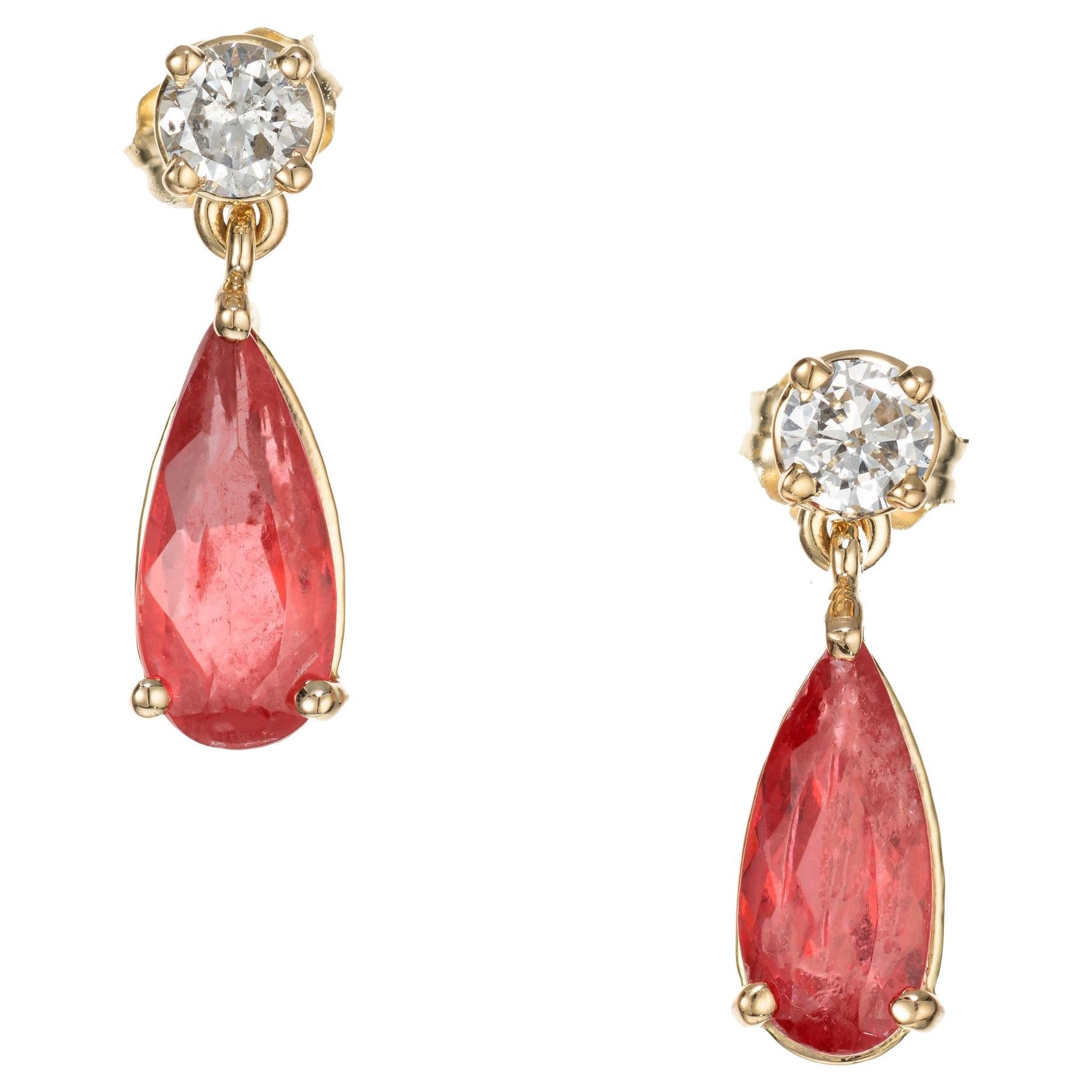 GIA Certified 2.81 Carat Rhodonite Diamond Yellow Gold Dangle Earrings For Sale