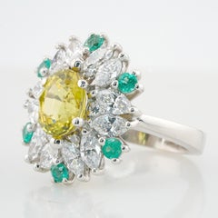 GIA Certified 2.82 Carat No Heat Yellow Sapphire Marquise Diamond Emerald Ring