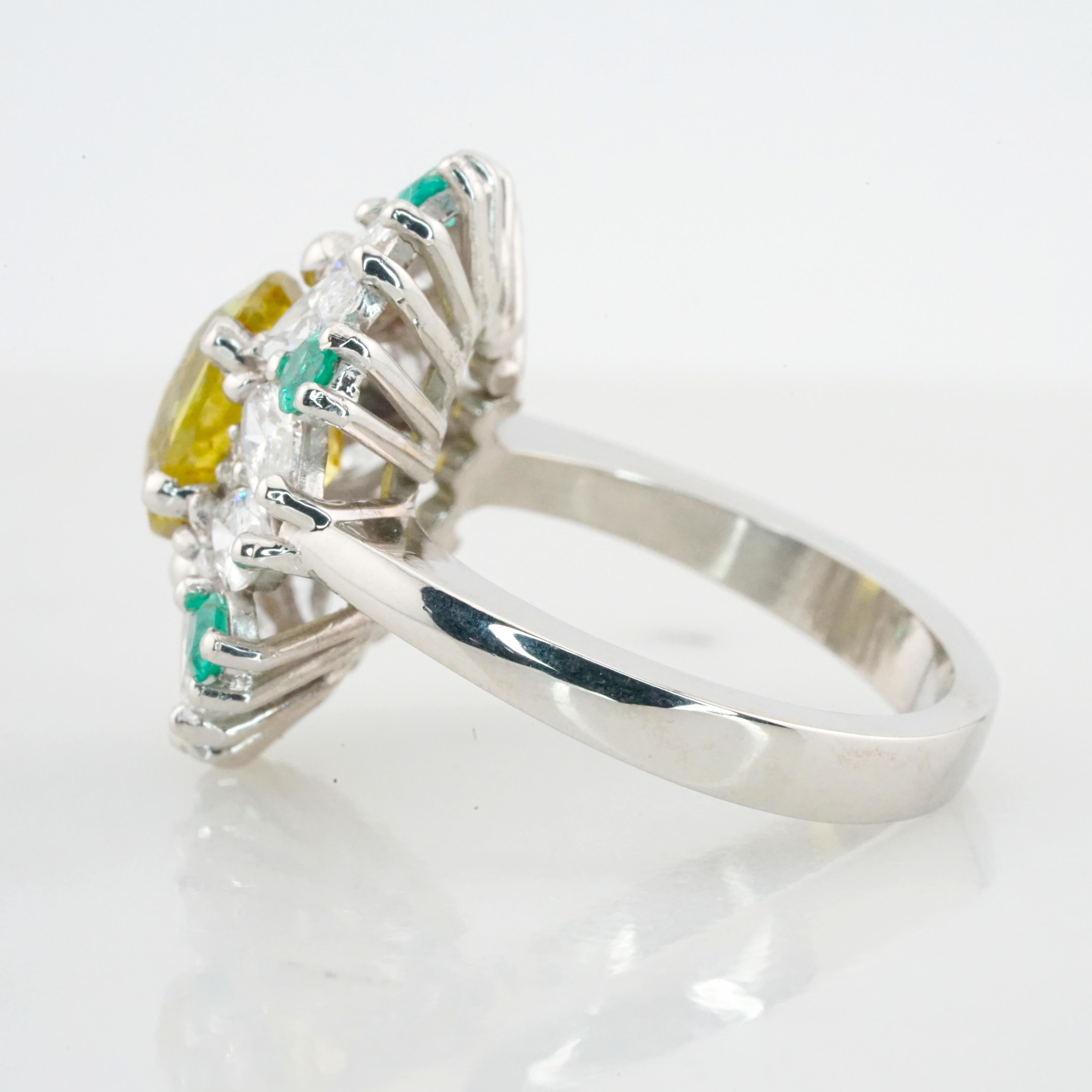 Contemporary GIA Certified 2.82 Carat No Heat Yellow Sapphire Marquise Diamond Emerald Ring For Sale