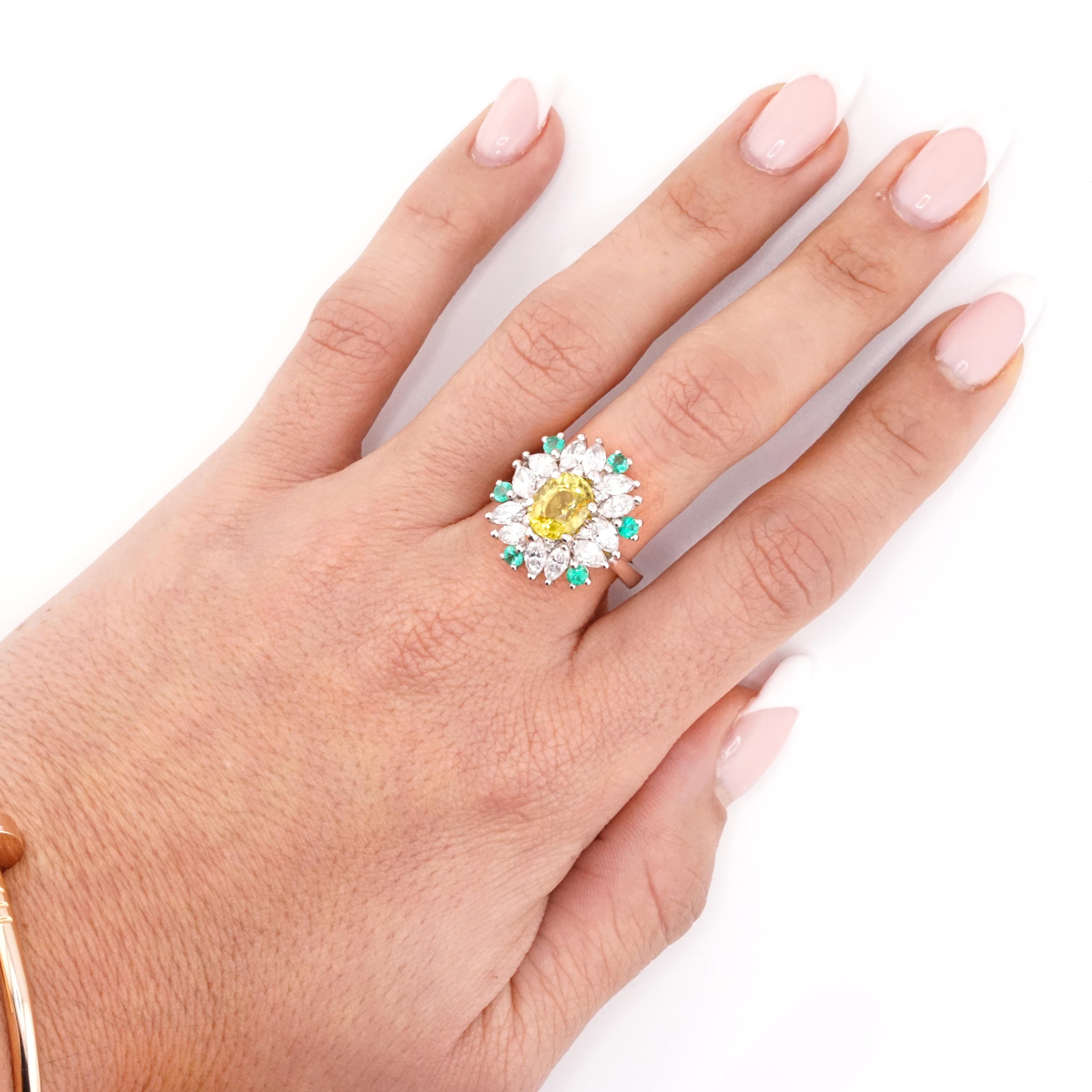 Women's GIA Certified 2.82 Carat No Heat Yellow Sapphire Marquise Diamond Emerald Ring For Sale