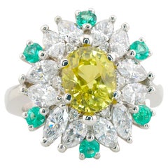 GIA Certified 2.82 Carat No Heat Yellow Sapphire Marquise Diamond Emerald Ring