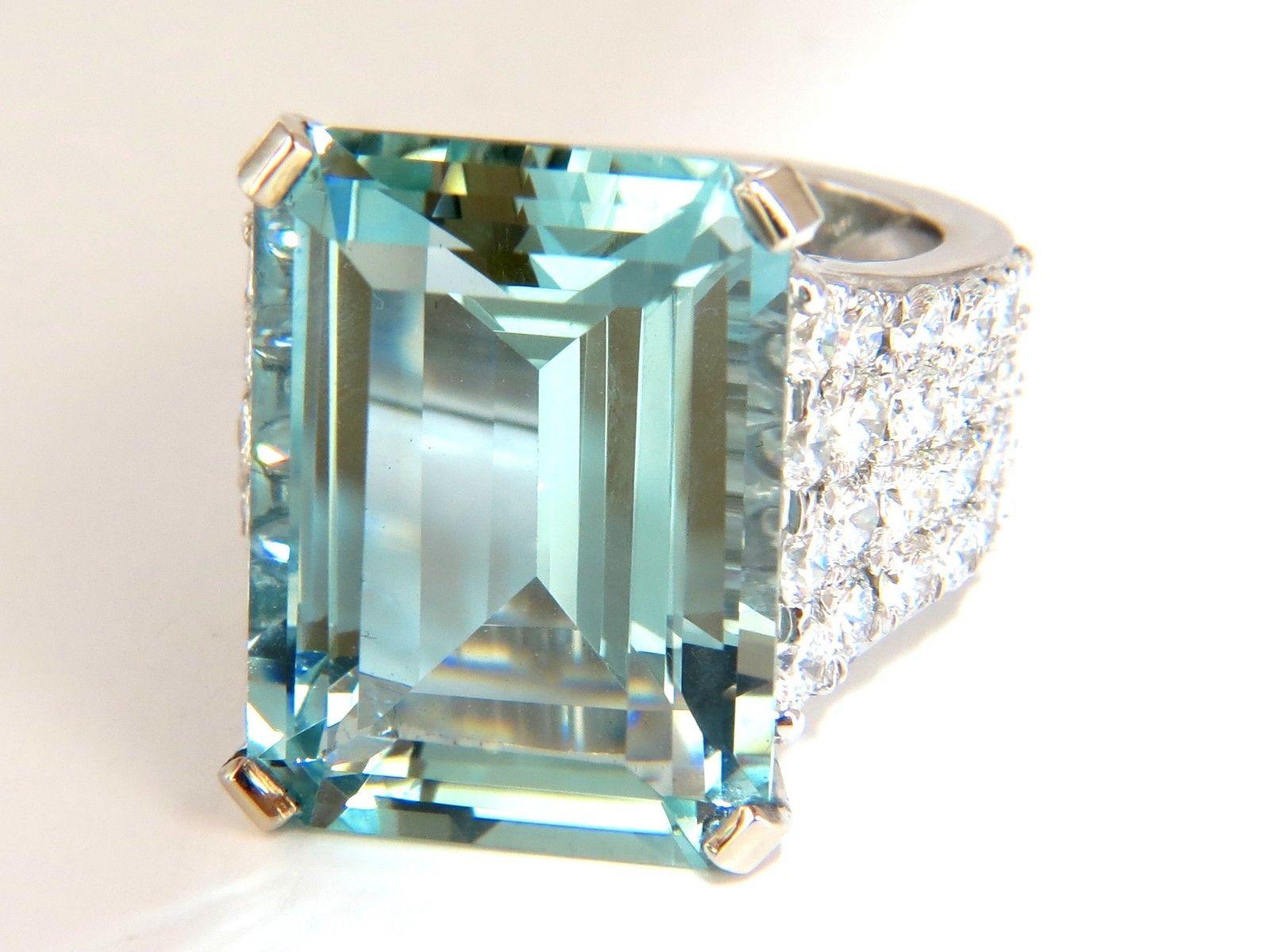 Emerald Cut GIA Certified 28.26 Carat Natural Aquamarine diamonds ring Vivid 14 Karat For Sale