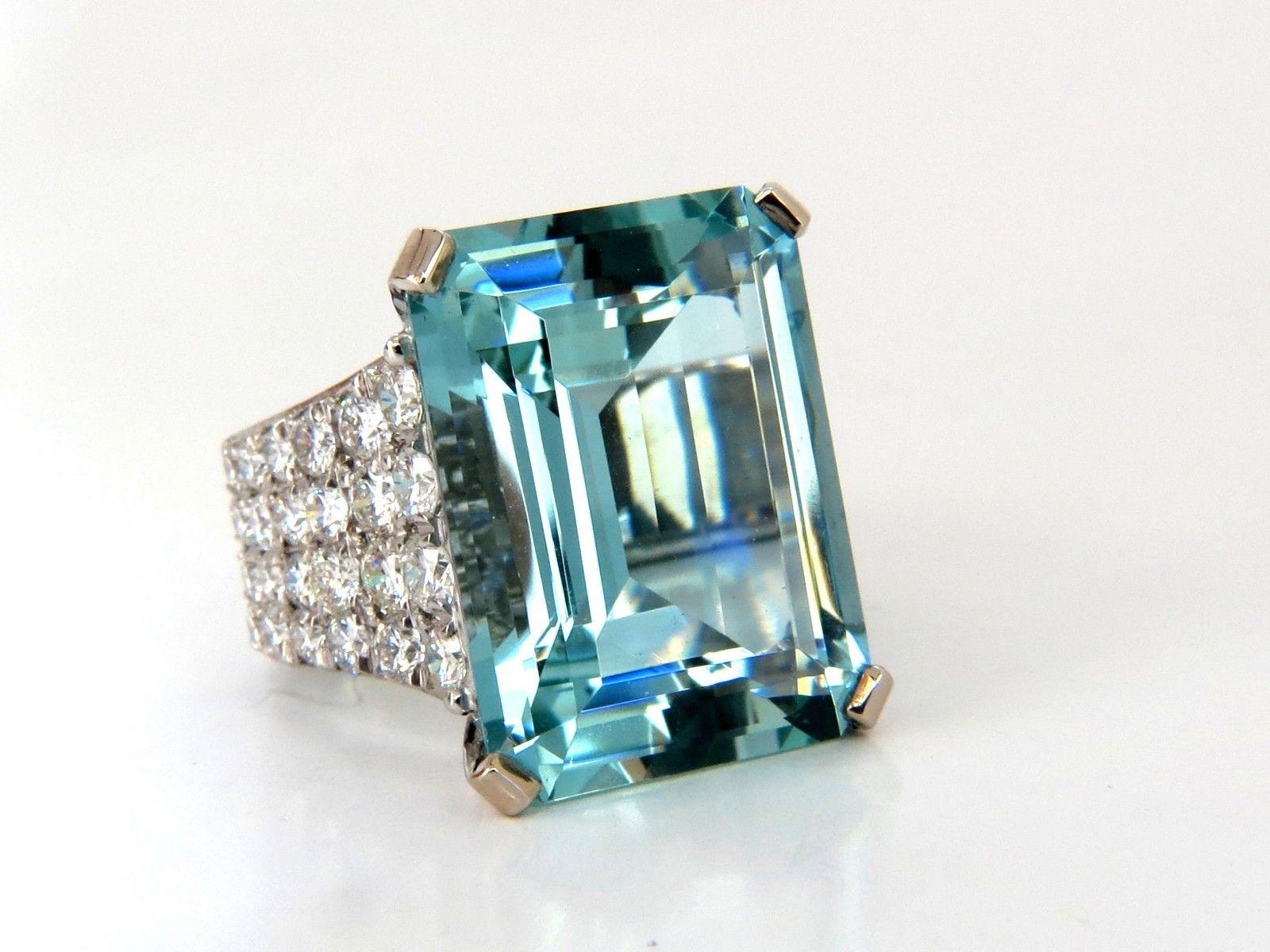 GIA Certified 28.26 Carat Natural Aquamarine diamonds ring Vivid 14 Karat For Sale 4