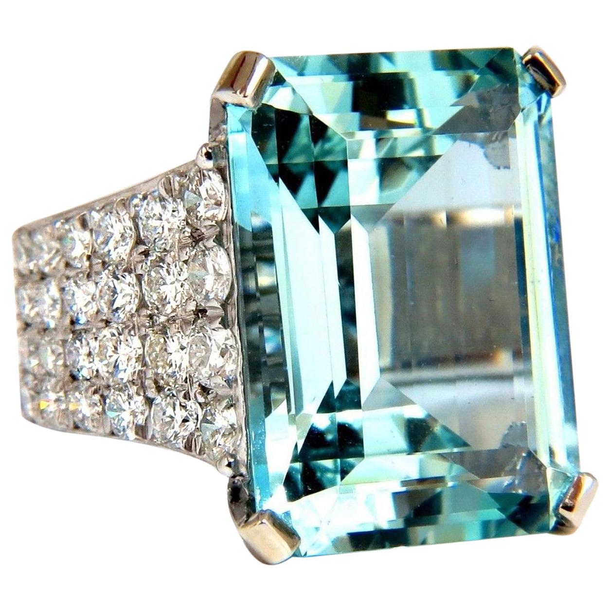 GIA Certified 28.26 Carat Natural Aquamarine diamonds ring Vivid 14 Karat For Sale
