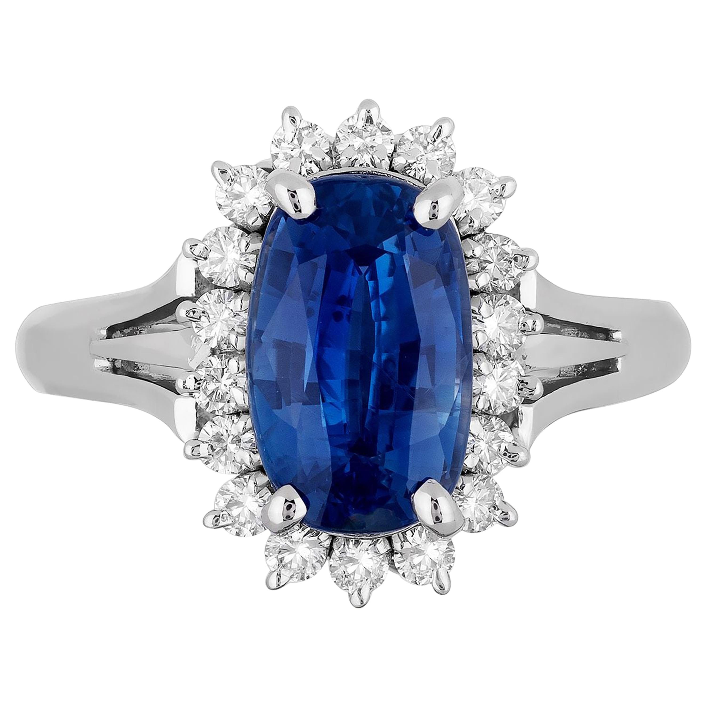 GIA Certified 2.83 Carat Natural No Heat Cushion Sapphire Diamond Cocktail Ring For Sale
