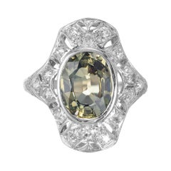 Antique GIA Certified 2.83 Carat Oval Green Sapphire Diamond Art Deco White Gold Ring