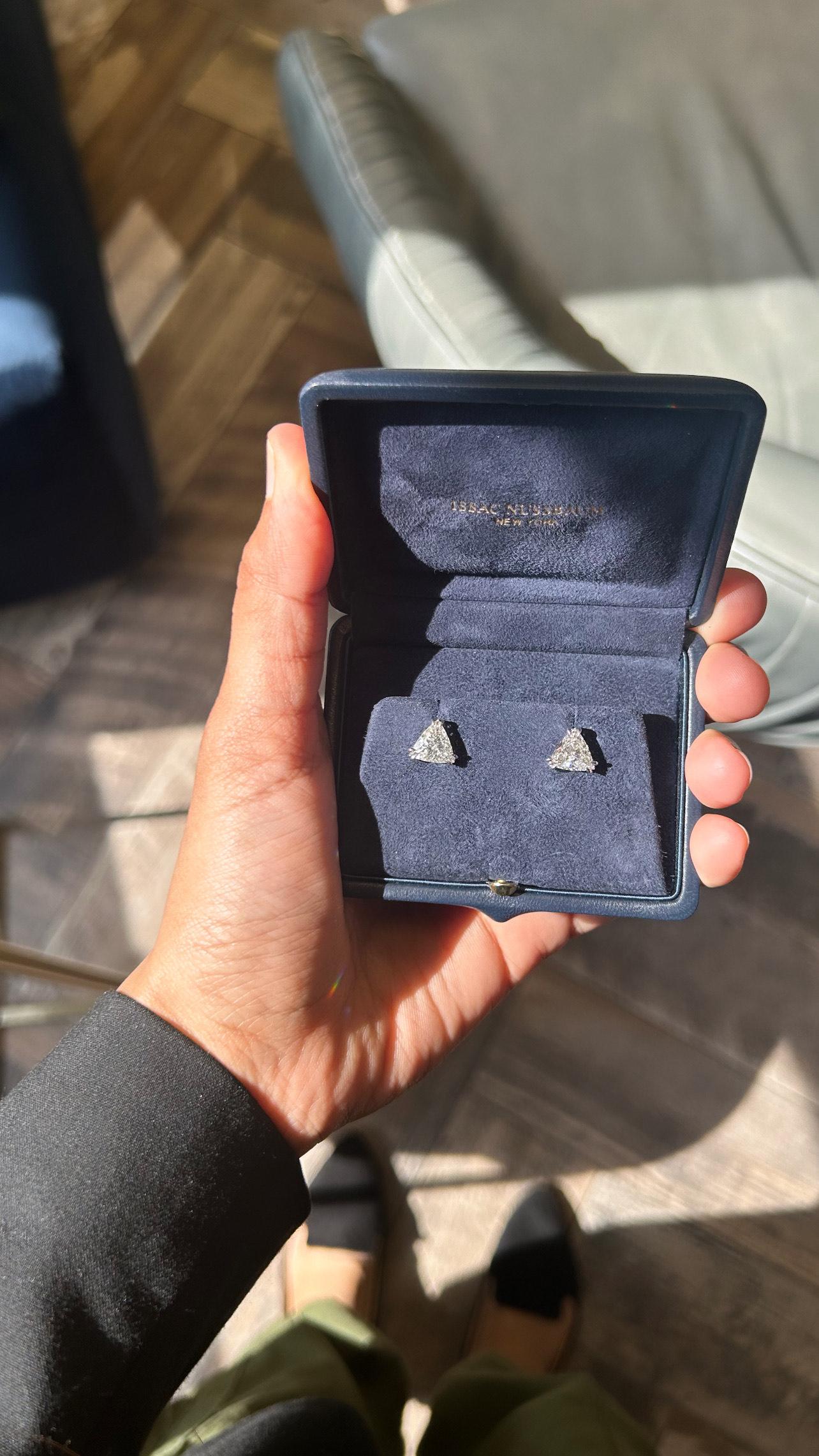 Diamond stud earrings.

Say NO to boring typical round diamond studs!
Shine your OWN way.
Amazing pair of very high quality triangle cut 
Diamonds perfectly matched as diamonds stud earrings.
With a total carat weight of almost 2.84 carats 
this