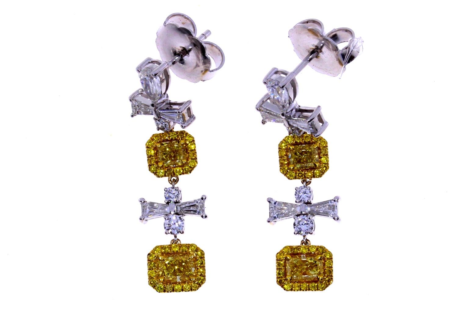 Radiant Cut GIA Certified 2.84ct Fancy Yellow Radiant Dangle Diamond Earrings For Sale