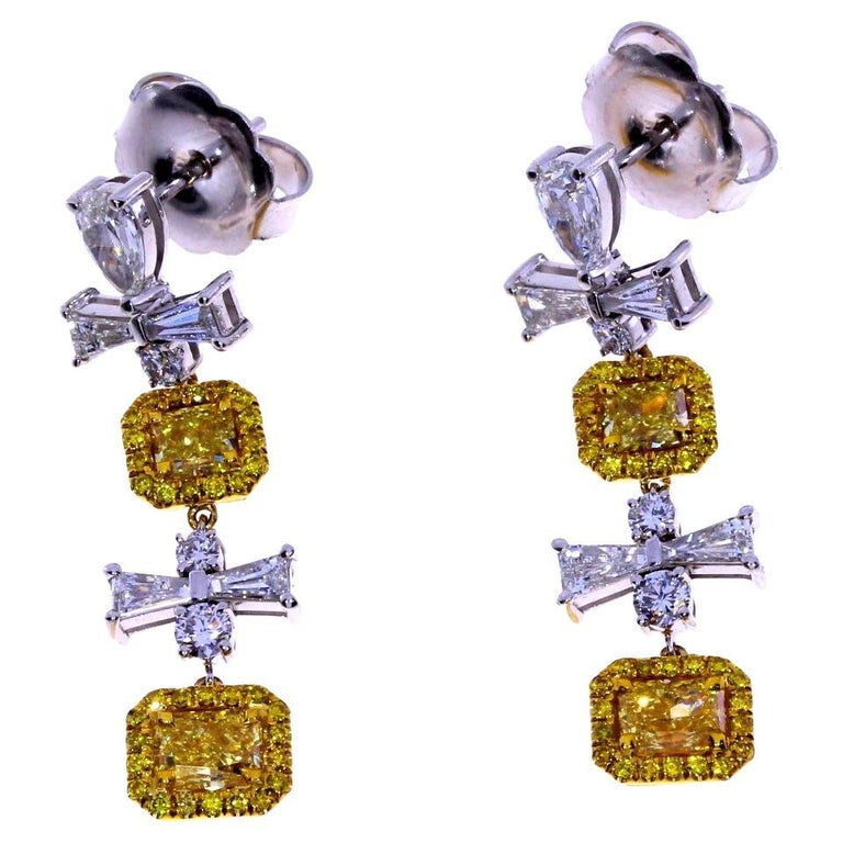 GIA Certified 2.84ct Fancy Yellow Radiant Dangle Diamond Earrings For