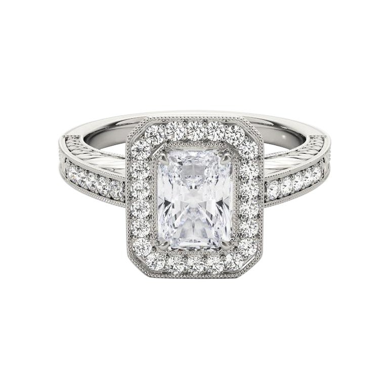 GIA Certified 2.85 Carat Radiant Halo Engraved Openwork Diamond Ring