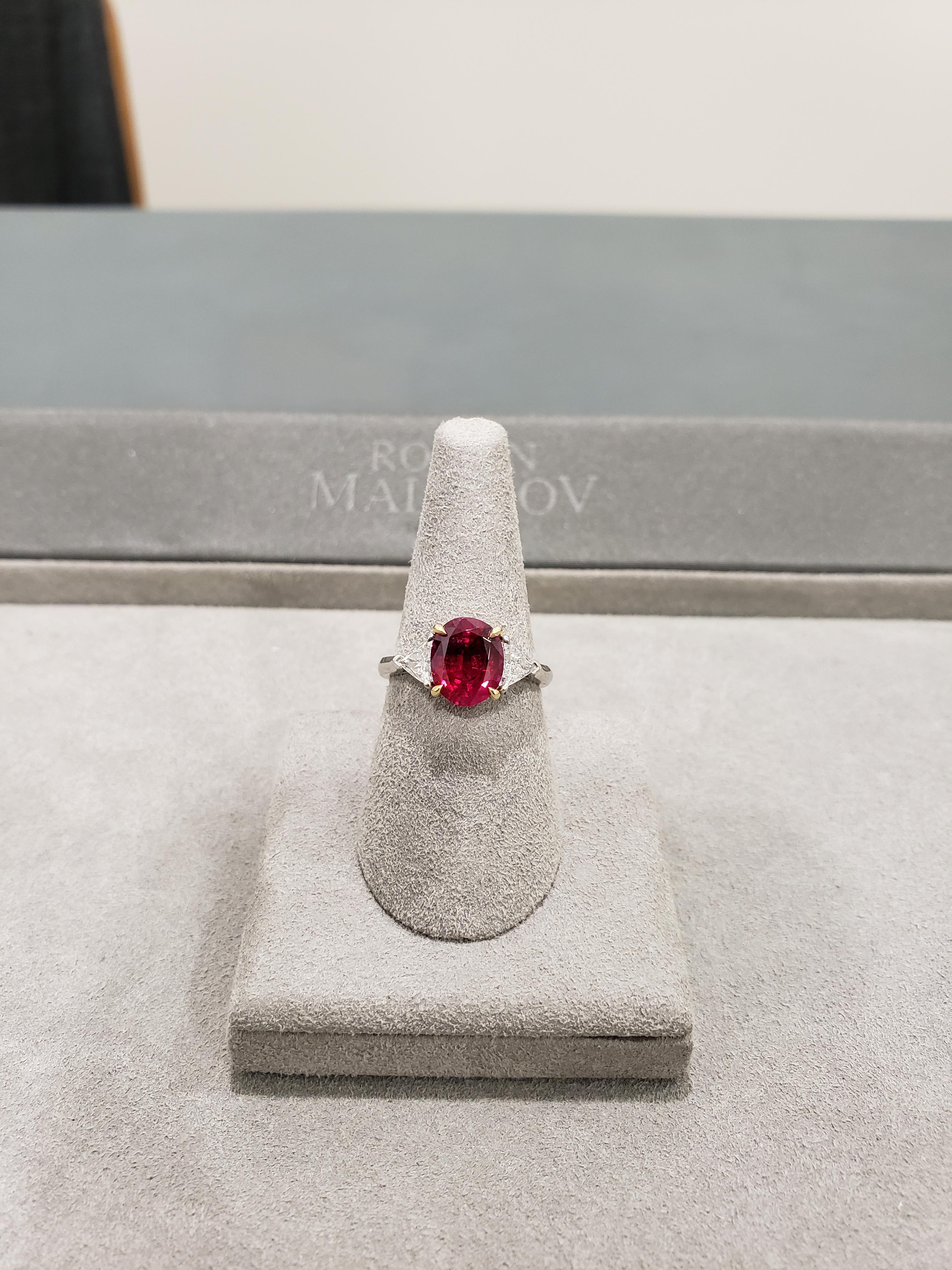 Oval Cut Roman Malakov, GIA Certified 2.85 Carat Ruby Diamond Three-Stone Ring