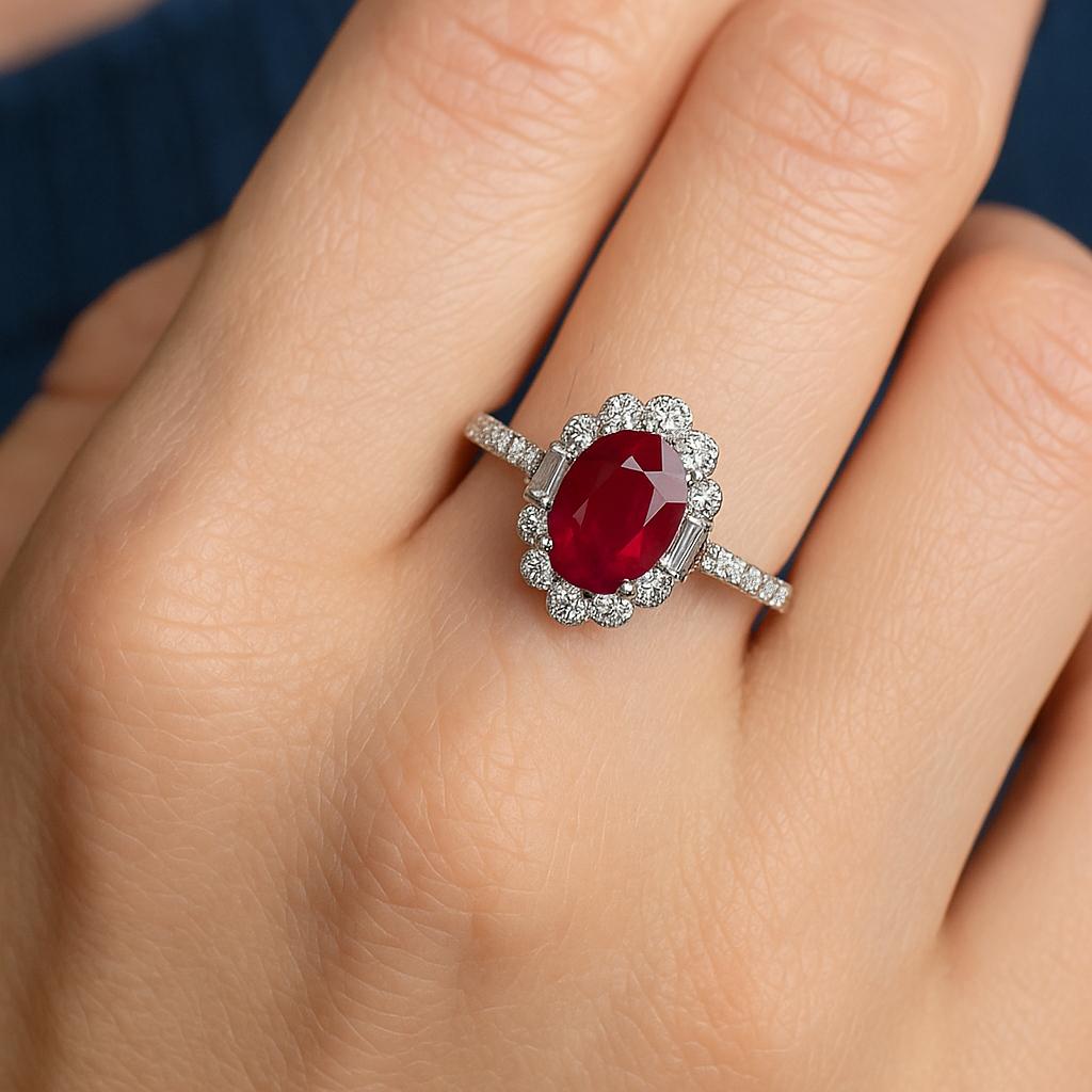 Este exquisito anillo de cóctel exhibe en su centro un llamativo rubí natural de 2,31 quilates, certificado por GIA en cuanto a autenticidad y calidad. El rubí muestra un tono rojo cautivador y ricamente saturado, con una excelente translucidez, que